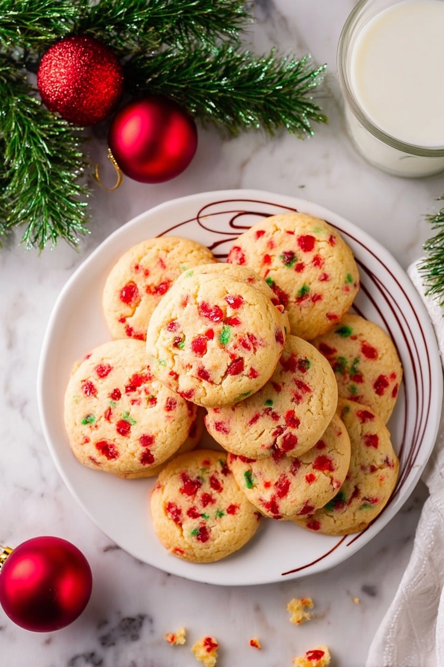 A white round plate holds a pile of eleven soft cookies with a light golden color. The cookies have many red pieces scattered all over them with some green bits mixed in, giving a colorful look. The plate has an artistic swirl design on its rim. It sits on a white marbled surface with some crumbs nearby. Green pine branches and two red shiny Christmas baubles are placed above the plate. On the right side, a glass of milk is partially visible on the same white marbled surface. Photo taken with an iphone --ar 2:3 --v 7