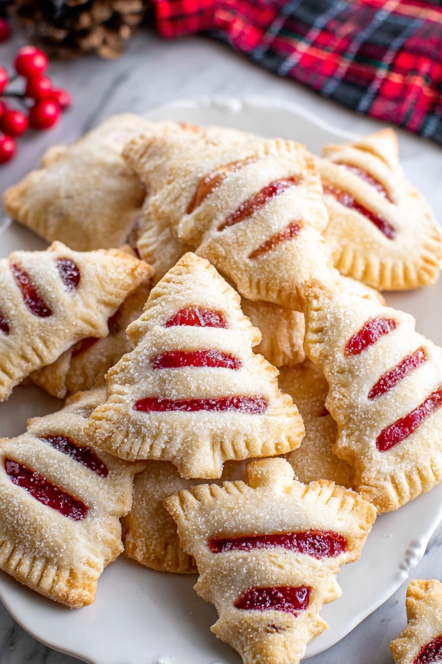 The image shows a white plate filled with many small, leaf-shaped pastries. Each pastry has three or four long, thin slits on the top, revealing shiny, bright red filling inside. The pastries have a light golden crust with a slightly rough texture, sprinkled with coarse sugar crystals that give a sparkling effect. The edges are crimped with a fork-like pattern to seal the filling inside. The plate sits on a white marbled surface with a blurred red and black plaid cloth and some red berries in the background. photo taken with an iphone --ar 2:3 --v 7