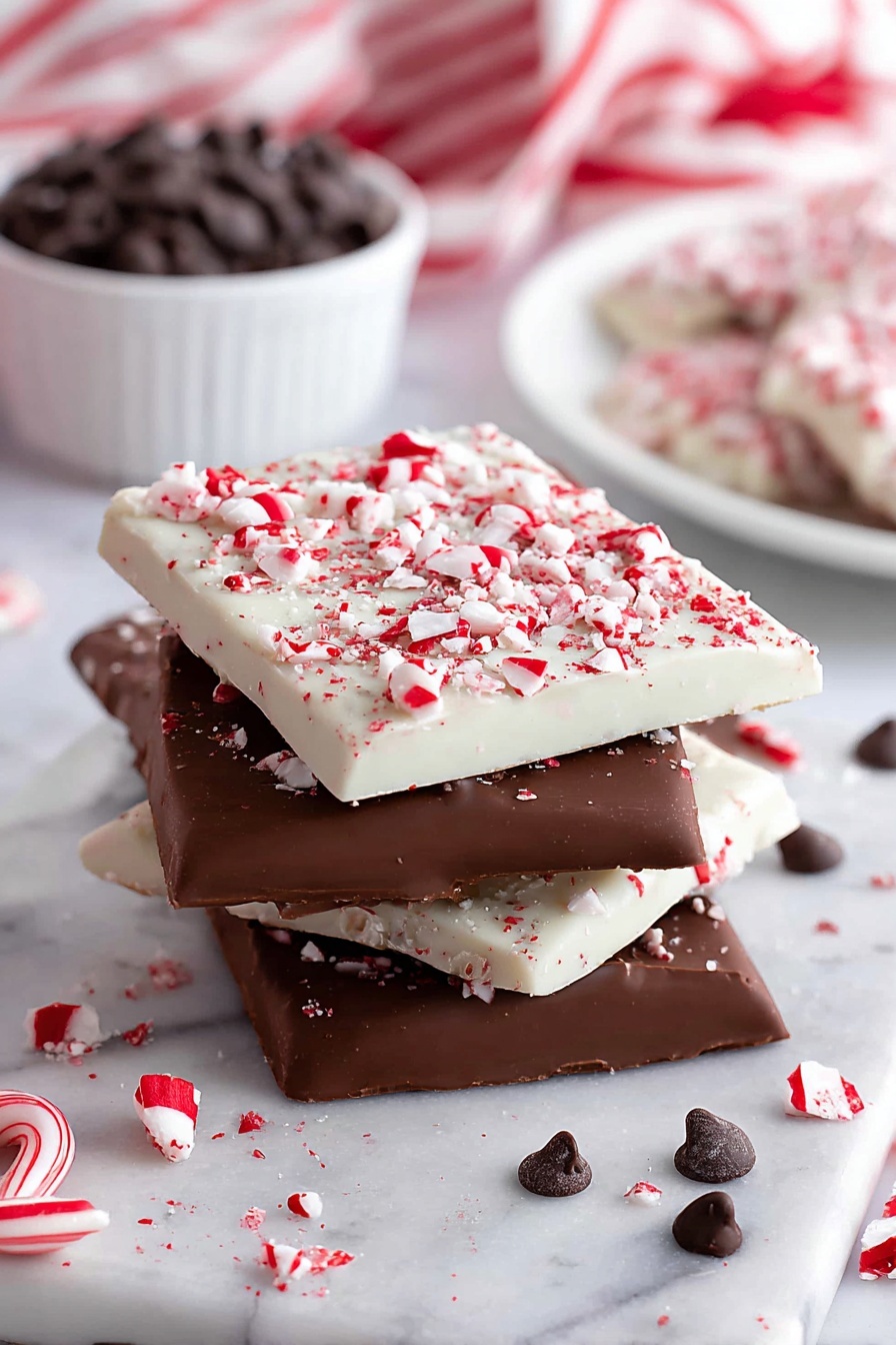 The image shows a stack of four rectangular chocolate and white peppermint bark pieces on a white marbled surface. The bottom layer is a smooth, shiny milk chocolate piece in dark brown. Above it is a white layer speckled with crushed red and white peppermint bits, rough and textured. The next layer is milk chocolate again, smooth and deep brown. The top layer is white with crushed peppermint pieces scattered over it, creating a rough and colorful texture of red and white. Around the stack, there are loose peppermint pieces and a single chocolate chip placed on the marbled surface. In the background, there is a white bowl filled with dark chocolate chips, and another white plate with more peppermint bark pieces, all set on a white marbled surface with a red and white striped cloth slightly out of focus behind them. photo taken with an iphone --ar 2:3 --v 7