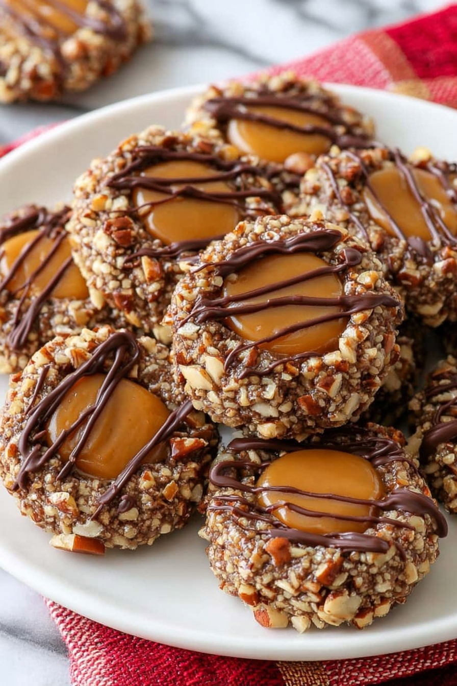 The image shows a white plate filled with round cookies covered in a crunchy layer of chopped nuts all around the edges. Each cookie has a smooth caramel-colored center and is decorated with thin, wavy lines of dark chocolate drizzled on top. The cookies have a rich, textured brown base beneath the nuts, and the plate is placed on a white marbled surface with a red and white woven cloth partially visible underneath. photo taken with an iphone --ar 2:3 --v 7