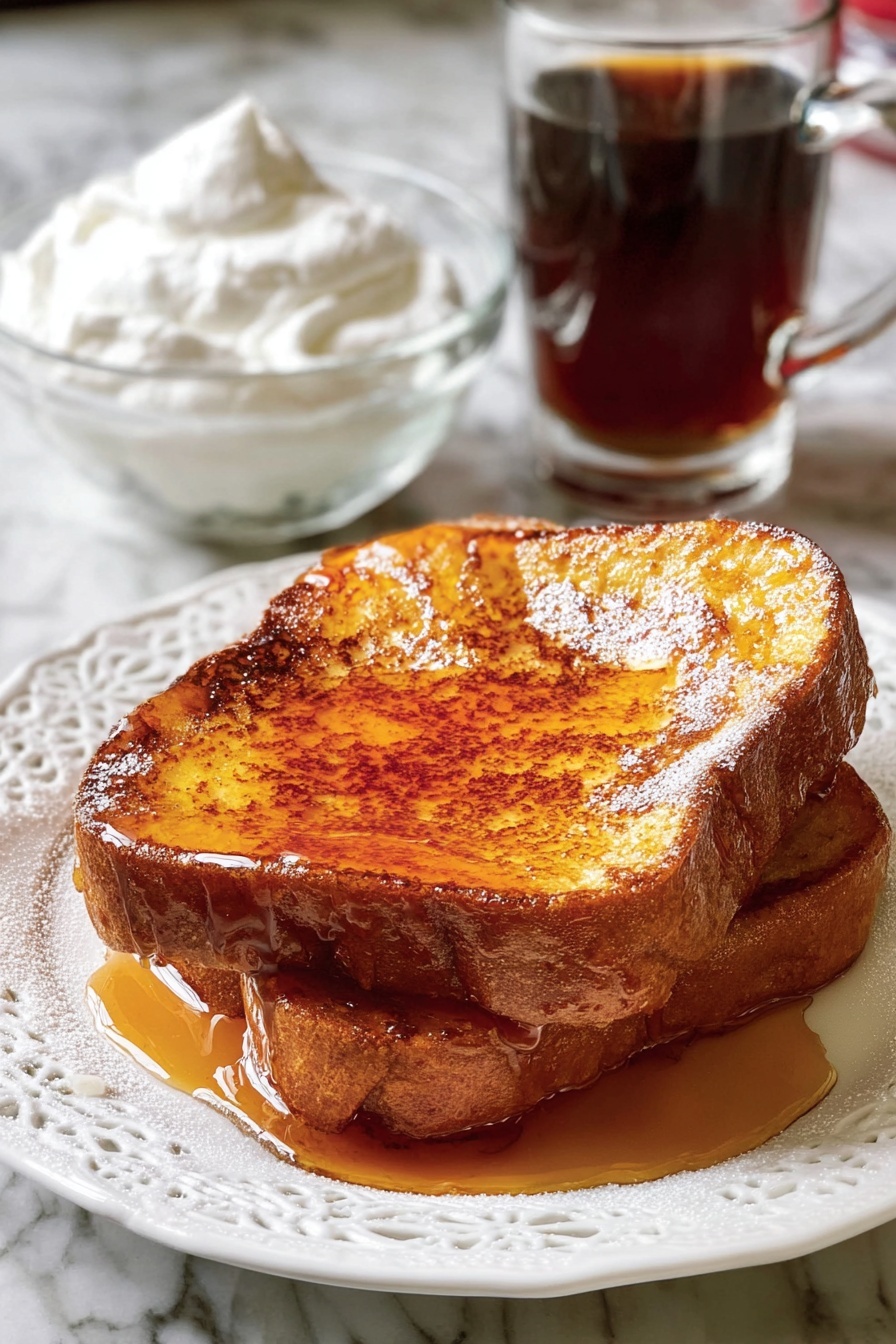 Two thick slices of golden brown French toast are stacked on a white plate with a lace-like texture. The top slice is shiny with syrup that drips down the sides and pools at the bottom, creating a wet, glistening look. Behind the plate, there is a clear glass bowl filled with white, fluffy whipped cream and a clear glass mug filled with dark syrupy liquid, all set on a white marbled surface. photo taken with an iphone --ar 2:3 --v 7