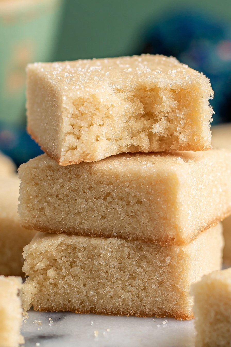 A close-up of a stack of four light beige sugar cookie squares with a soft and crumbly texture. The top piece has a bite taken from one side, revealing a fluffy inside. Each square has a slightly rough surface sprinkled with granulated sugar, adding a sparkling effect. The background is softly blurred, with hints of green and blue colors. The image sits on a white marbled surface. photo taken with an iphone --ar 2:3 --v 7