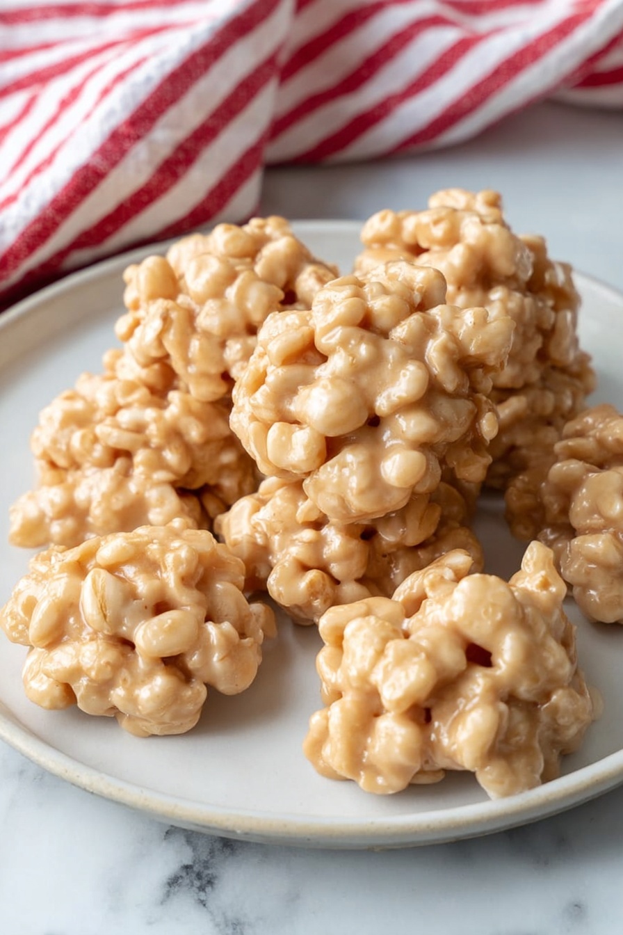 A white plate holds about eight clusters of light beige treats that have a glossy, bumpy texture from what looks like puffed rice or cereal covered in a creamy coating. Each cluster is round and uneven, showing the small grains stuck together closely, creating a rough surface with small pockets and lumps. The plate sits on a white marbled surface, and behind it, a cloth with red and white stripes is partially visible. photo taken with an iphone --ar 2:3 --v 7