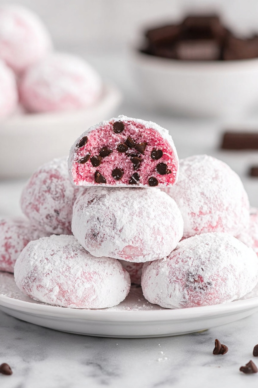 A white plate is filled with round cookies dusted heavily with white powdered sugar, showing little pink spots through the powder. One cookie is cut in half and placed on top of the pile, revealing a bright pink inside packed with many dark brown chocolate chips scattered evenly throughout. The background shows blurred white bowls, one filled with more pink and white cookies and another with dark chocolate pieces, all set on a white marbled surface. The overall look is soft and powdery with a stark contrast between the pink cookie inside and the white powdered sugar outside. photo taken with an iphone --ar 2:3 --v 7