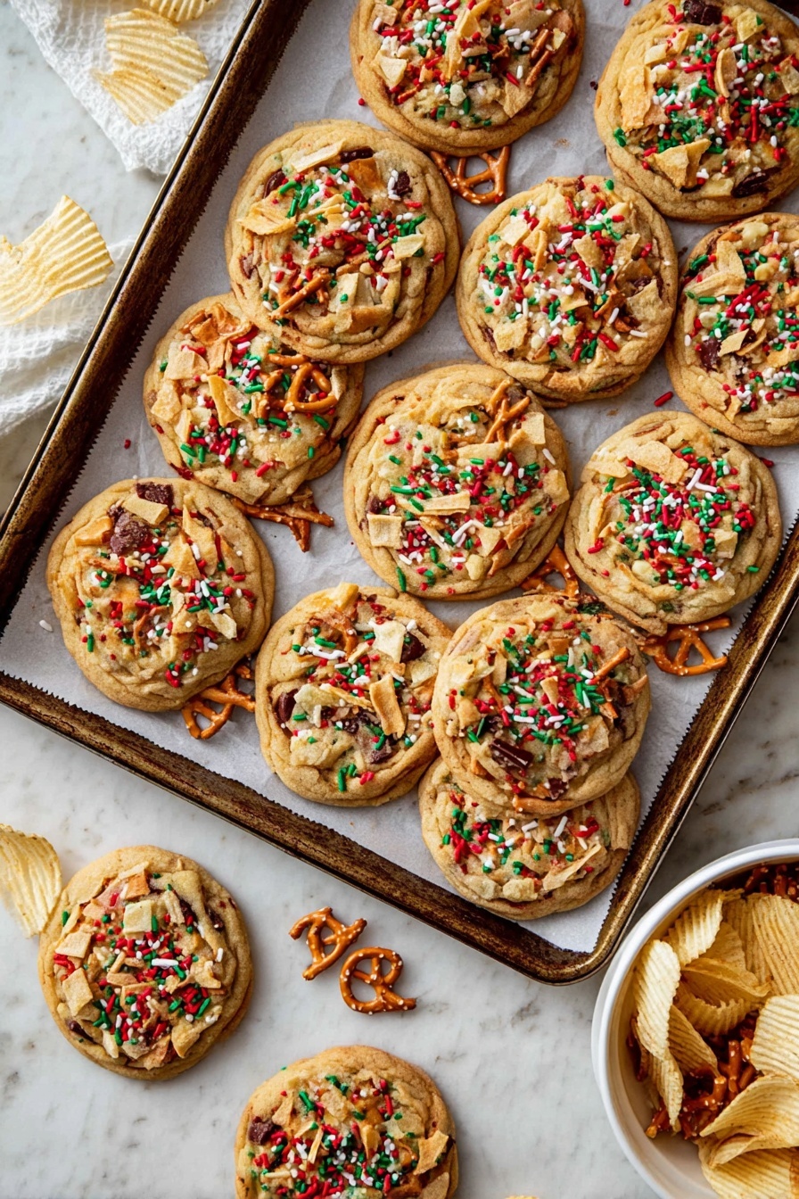 A tray holds twelve round cookies with a golden-brown base, each topped with colorful red, green, and white sprinkles, small broken pieces of light ridged potato chips, dark brown chocolate chips, and small broken pretzel sticks that add a crunchy texture. The tray is lined with white parchment paper, and there are a few loose potato chips and pretzel pieces scattered around the cookies. Below the tray, a white wooden bowl contains more ridged potato chips. The whole scene is set against a white marbled surface. photo taken with an iphone --ar 2:3 --v 7