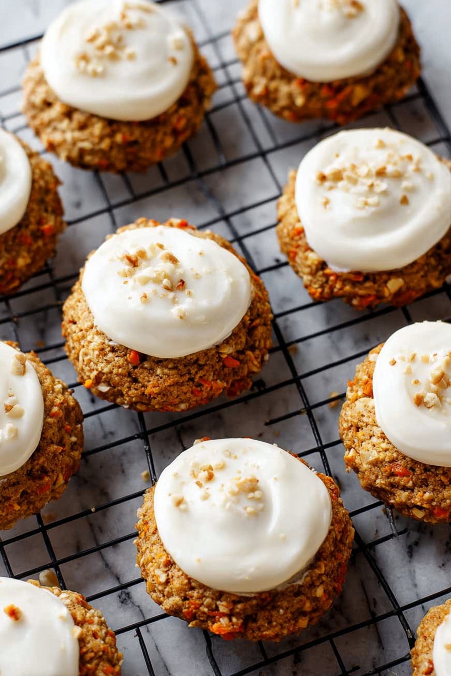 The image shows a batch of cookies laid out on a black cooling rack over a white marbled surface. Each cookie has two layers: the base is a rough, brownish textured cookie with bits of orange and darker spots, and the top layer is a dollop of smooth white frosting spread in a round shape with a slightly uneven surface. The frosting is sprinkled with tiny, light brown nut pieces. The cookies are evenly spaced, appearing soft and fresh, and the lighting highlights the texture of both the cookie and frosting. photo taken with an iphone --ar 2:3 --v 7