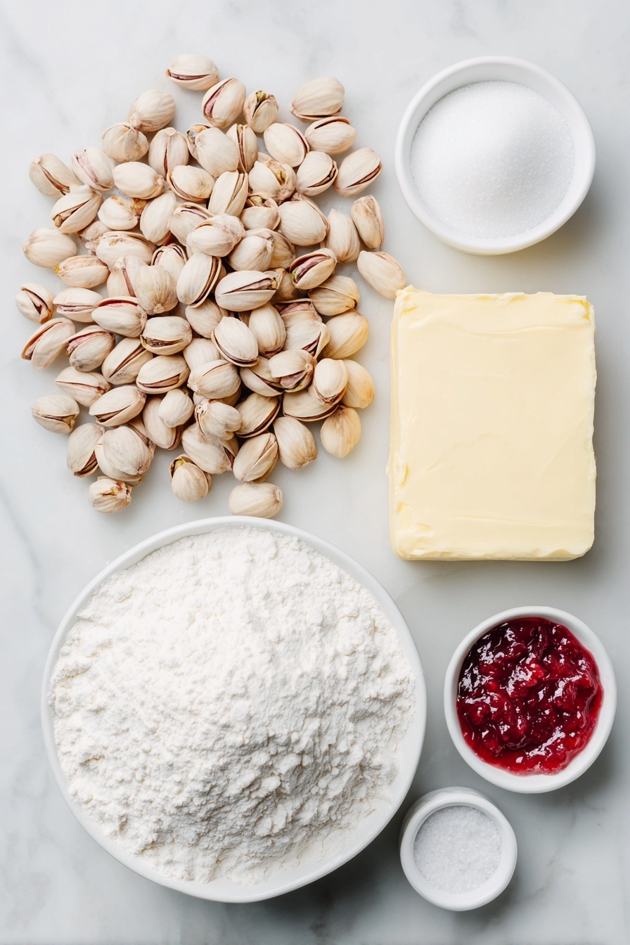 Flat lay of a small heap of shelled unsalted pistachios, a small white ceramic bowl filled with all-purpose flour, a small white ceramic bowl containing coarse salt, a slab of very soft unsalted butter, a small white ceramic bowl with packed light brown sugar, a small white ceramic bowl holding vanilla extract, a small white ceramic bowl with bright red raspberry jam, and a small white ceramic bowl with powdered sugar dusting powder, all arranged symmetrically on a clean white marble surface, soft natural light, photo taken with an iPhone, professional food photography style, fresh ingredients, white ceramic bowls, no bottles, no duplicates, no utensils, no packaging --ar 2:3 --v 7 --p m7354615311229779997