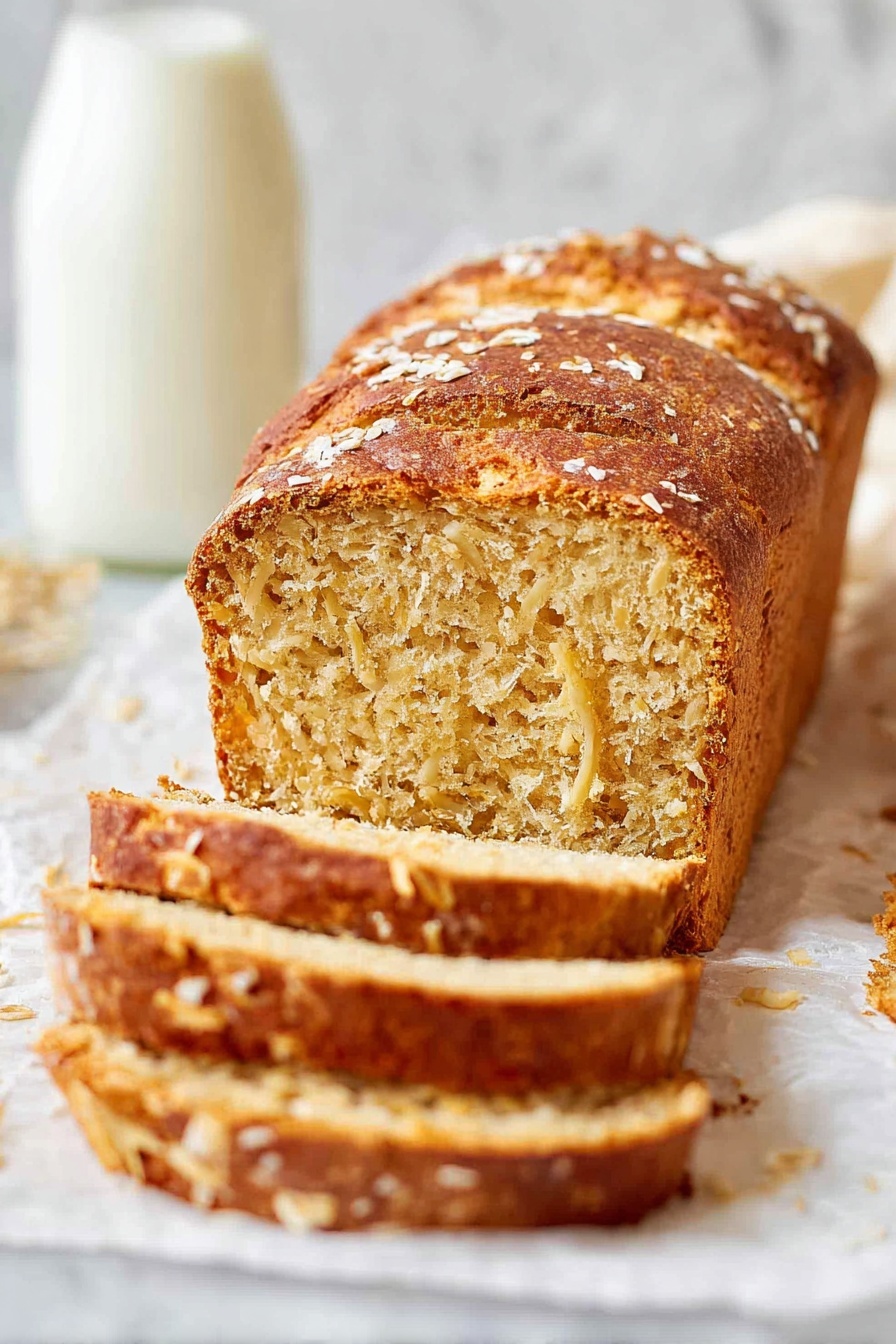The image shows a loaf of golden brown bread with a crispy crust, sliced into several thick pieces and placed on white parchment paper. The bread's inside texture looks soft and moist with visible bits of shredded ingredients throughout. The top crust has a slightly rough texture with some light sprinkles, possibly oats or shredded nuts. The background features a blurred white marbled surface and a tall glass bottle filled with a white liquid, suggesting milk. photo taken with an iphone --ar 2:3 --v 7