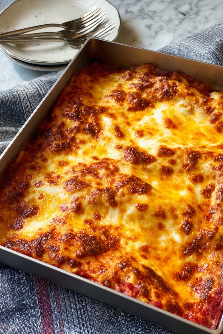 The image shows a square metal baking pan filled with a lasagna-like dish that has a rich, golden brown melted cheese layer on top. The cheese is bubbly and browned in patches, covering the entire surface and melting down slightly at the edges. Beneath the cheese, hints of a red tomato sauce can be seen peeking through, and the side of the dish reveals thin pasta layers closely stacked inside. The pan sits on a cloth with grey, blue, and striped patterns, placed over a white marbled surface. In the background, there is a white plate with two forks resting on it. Photo taken with an iphone --ar 2:3 --v 7