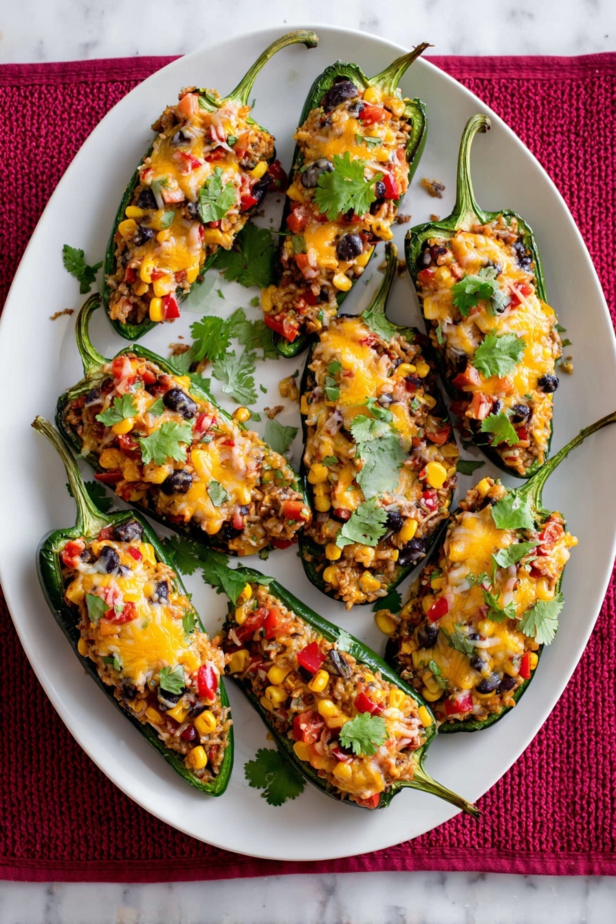 The image shows a white plate with eight stuffed poblano peppers arranged evenly on it. Each pepper is cut in half lengthwise, forming a boat shape with a dark green outer skin and a hollow interior filled with a colorful mixture of ingredients. The filling consists of yellow corn kernels, black beans, red diced tomatoes or peppers, brown rice or a grain, and melted shredded cheese on top, giving a golden and creamy texture. Small bright green cilantro leaves are scattered over the filling, adding freshness and color contrast. The plate rests on a red textured cloth, all set against a white marbled surface. photo taken with an iphone --ar 2:3 --v 7