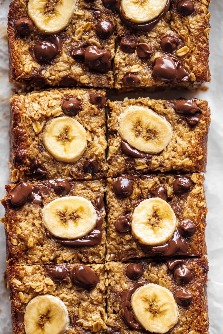 A close-up top view of a baked square oat and banana bar cut into 12 pieces, each piece showing a textured golden oat base with melted dark chocolate chips scattered on top. Some pieces are decorated with a single round slice of banana, slightly browned from baking, embedded into the surface. The oat base looks soft and crumbly with uneven edges. The bars are placed on white parchment paper lining a baking pan, all against a white marbled background. photo taken with an iphone --ar 2:3 --v 7