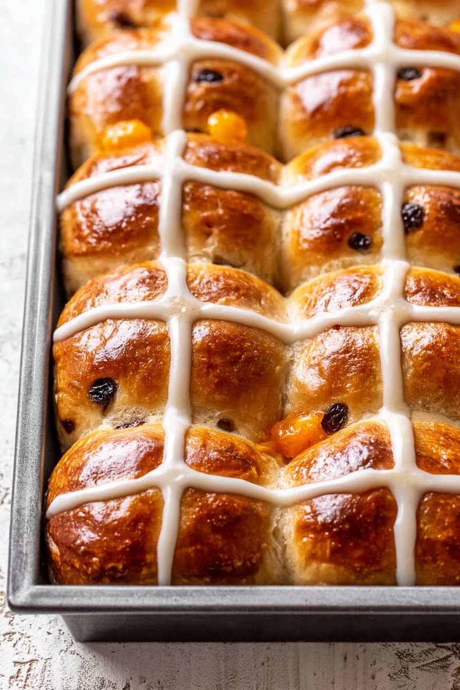 A close-up view of a metal baking tray filled with twelve golden-brown hot cross buns arranged in three rows of four. Each bun has a smooth, shiny surface with a slightly dark toasted top, showing small dark spots from raisins or currants inside the bread. White icing crosses form a neat grid pattern over the buns, with three horizontal and four vertical lines covering the top. The tray sits on a textured white marbled surface, and soft natural light highlights the warm color and texture of the buns. photo taken with an iphone --ar 2:3 --v 7