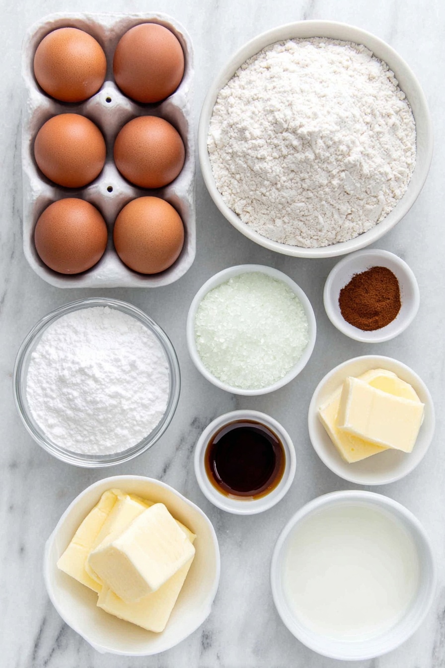 Flat lay of a small mound of all-purpose flour in a simple white ceramic bowl, four whole brown eggs with clean shells, a small white bowl of fresh milk, a small white bowl of clear water, a small white bowl of fine granulated sugar, a small white bowl of salted melted butter with a shiny surface, a small white bowl of pure vanilla extract, a small white bowl of almond extract, a small white bowl of gingerbread spice blend with warm brown tones, and a small white bowl of powdered sugar, all perfectly arranged with balanced spacing and symmetry, placed on a clean white marble surface, soft natural light, photo taken with an iPhone, professional food photography style, fresh ingredients, white ceramic bowls, no bottles, no duplicates, no utensils, no packaging --ar 2:3 --v 7 --p m7354615311229779997