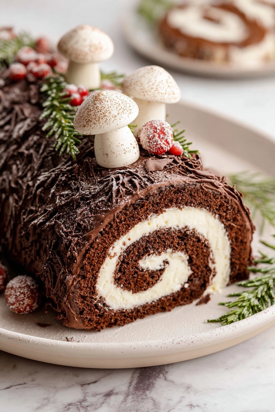 A chocolate roll cake is shown on a white plate with a white marbled background. The cake has two main layers: a dark brown chocolate sponge layer on the outside and a thick, creamy white filling spiraled inside. The outside of the cake is covered with textured chocolate frosting that looks like tree bark. On top of the cake, there are three white mushroom-shaped decorations dusted lightly with brown. Around the mushrooms, frosted red berries and green sprigs of rosemary add a festive touch. The image is close-up and detailed, highlighting the rich textures and colors. Photo taken with an iphone --ar 2:3 --v 7