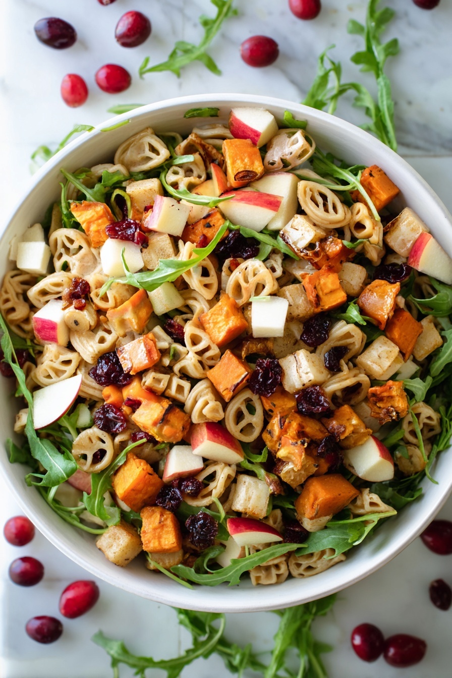 This image shows a close-up of a white bowl filled with a colorful pasta salad. The salad has three main layers: the bottom layer is made of short shaped pasta in beige and green colors with unique cut-out patterns; on top of the pasta, there are small green leaves of arugula scattered around. The top layer consists of bright orange cubes of roasted sweet potatoes, red apple pieces, white cubes of cheese or tofu, and dark red dried cranberries. The bowl is placed on a white marbled surface with some red cranberries around it. A golden fork is visible on the left side of the image near the bowl. The lighting is bright and natural, highlighting the fresh and vibrant colors of the salad photo taken with an iphone --ar 2:3 --v 7