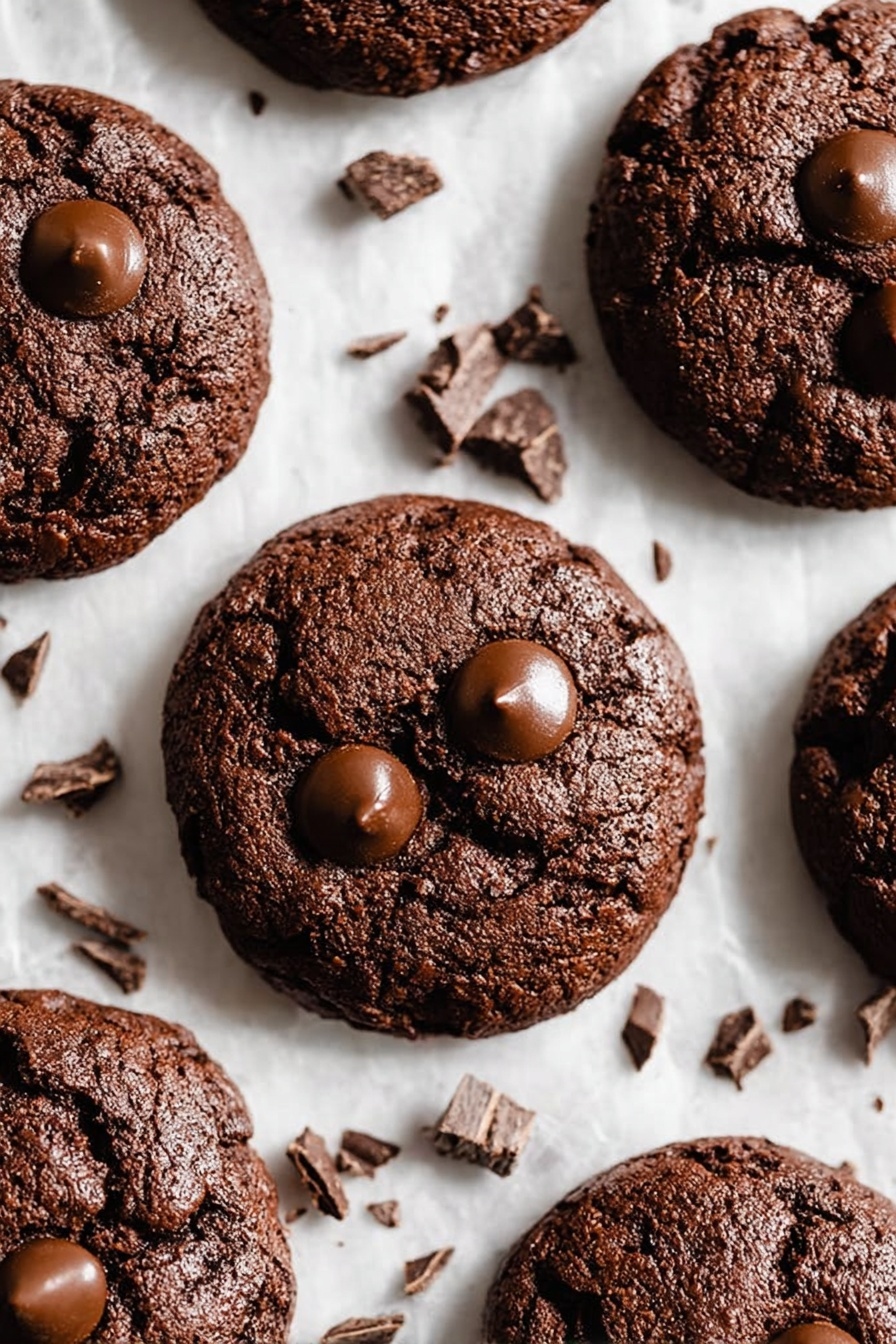 The image shows a close-up view of six round chocolate cookies spread out on white parchment paper that lies on a white marbled surface. Each cookie is thick and textured with a rich dark brown color, having a slightly rough surface with natural cracks. On top of each cookie, there are two or three large shiny dark chocolate chips, which give a smooth, glossy contrast to the rough texture of the cookie base. Around the cookies, small pieces of broken chocolate chunks are scattered irregularly, adding extra texture and visual interest. The overall scene is softly lit, emphasizing the rich chocolatey tones and the soft crumbly texture of the cookies. photo taken with an iphone --ar 2:3 --v 7