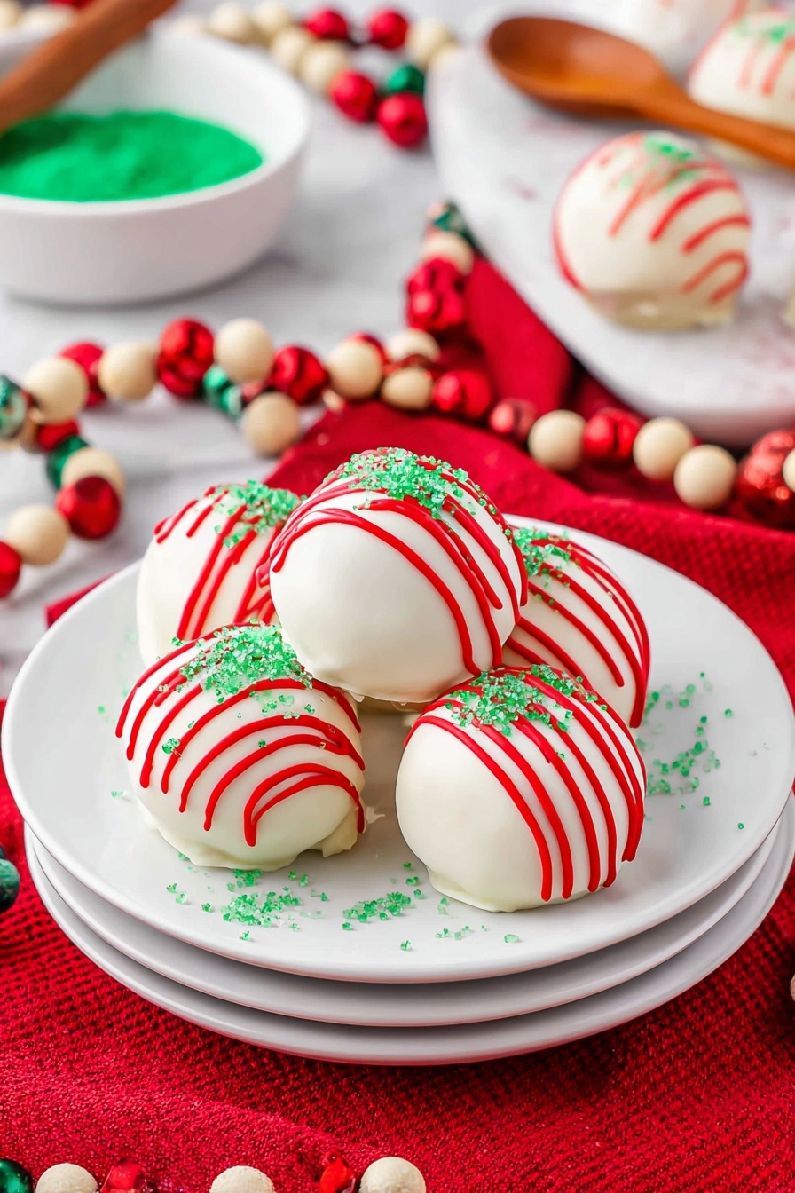Five round white balls covered in smooth white icing sit closely on a stack of three white plates. Each ball is decorated with bright red stripes drizzled across the top and sprinkled with small green sugar pieces. The plates rest on a white marbled surface with a red cloth underneath. Behind the plates, wooden spoons and a round white bowl filled with green sugar crystals are partially visible. There are also red, white, and natural wood beaded garlands decorating the scene, adding a festive touch. Photo taken with an iphone --ar 2:3 --v 7
