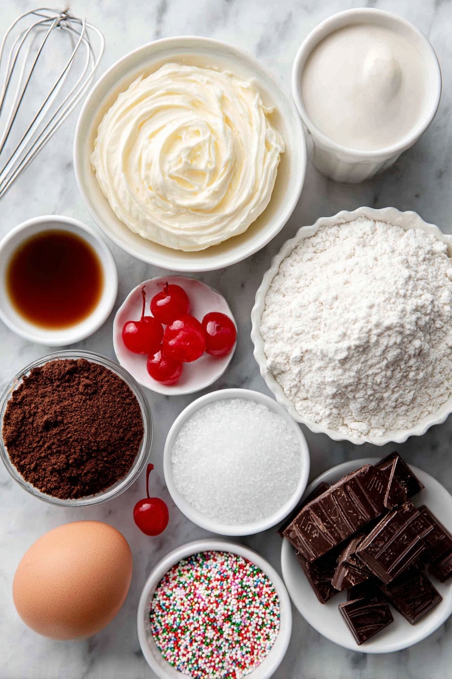 Flat lay of unsalted butter softened to a creamy texture, a small mound of granulated sugar, one large whole brown egg with a clean shell, a small white ceramic bowl of pure vanilla extract, a simple white ceramic bowl filled with all-purpose flour, a small white ceramic bowl containing natural unsweetened cocoa powder, a pinch of salt in a tiny white dish, a small white ceramic bowl of warm milk with dissolved espresso powder, finely chopped semi-sweet chocolate in a white ceramic bowl, a few bright red maraschino cherries, and colorful sprinkles arranged neatly, all placed on a clean white marble surface, soft natural light, photo taken with an iPhone, professional food photography style, fresh ingredients, white ceramic bowls, no bottles, no duplicates, no utensils, no packaging --ar 2:3 --v 7 --p m7354615311229779997