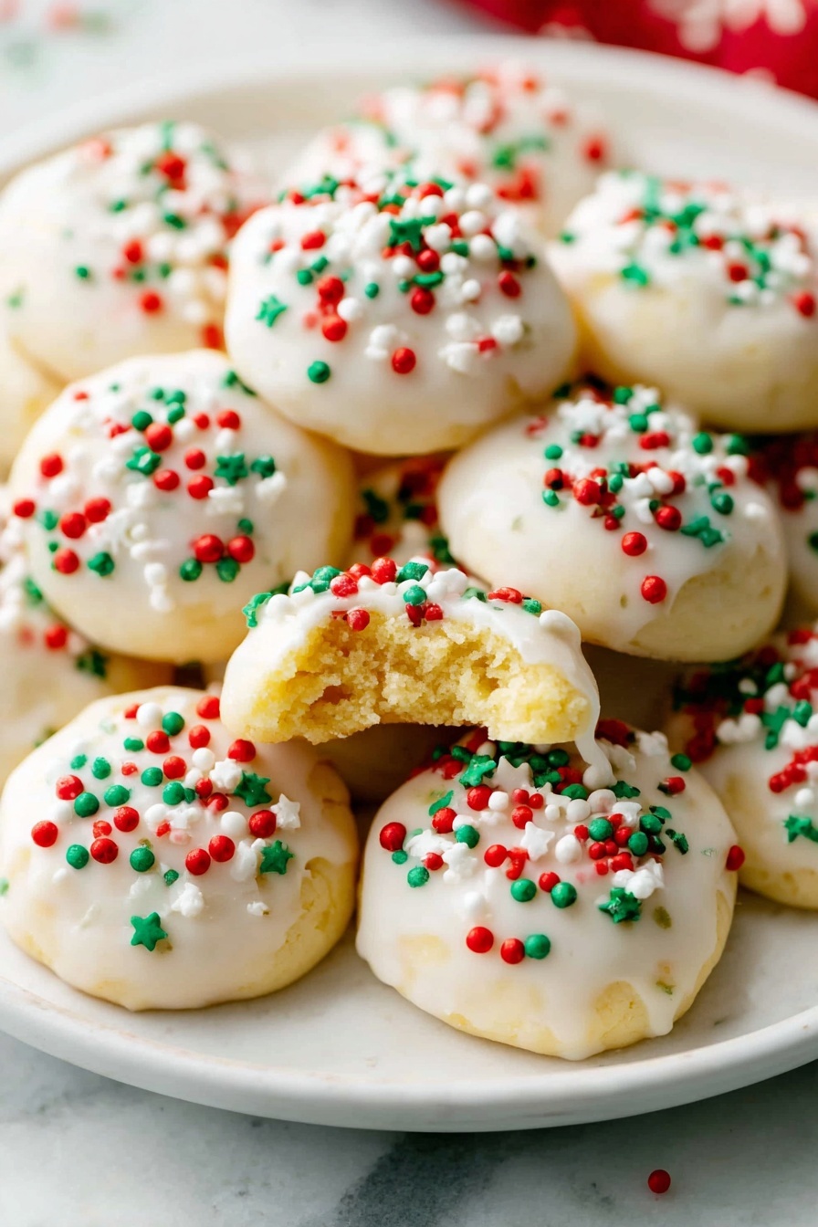 A white plate filled with small, round cookies coated in a smooth white icing. Each cookie is decorated on top with red, green, and white round and star-shaped sprinkles, adding bright festive colors. One cookie near the center is bitten, showing a soft, yellowish inside with a crumbly texture. The cookies are piled closely together on a white marbled surface. photo taken with an iphone --ar 2:3 --v 7