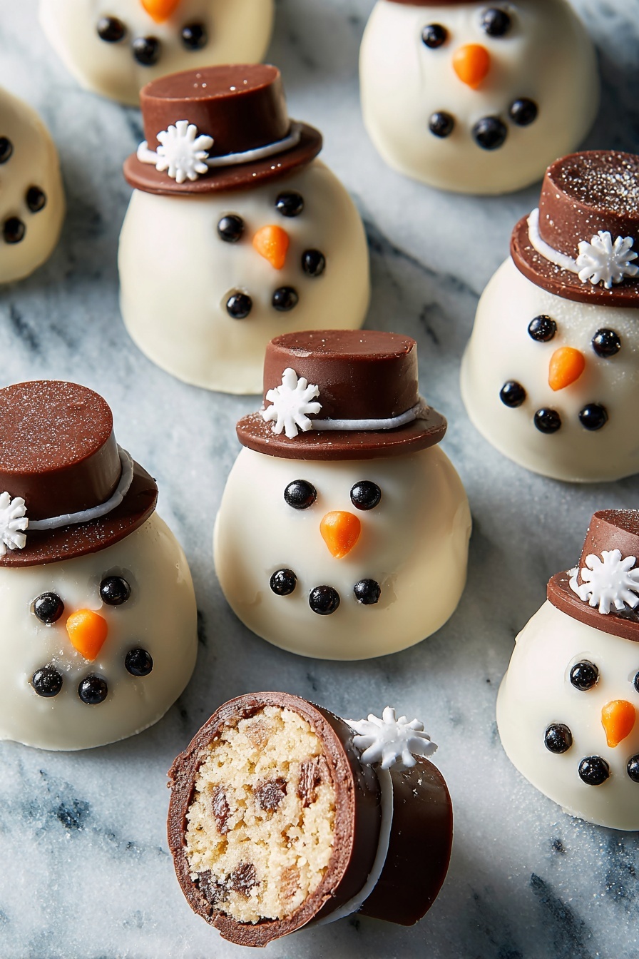The image shows several small snowman-shaped treats placed on a surface with white marbled texture. Each snowman has three layers: the bottom layer is a flat, smooth white base, the middle layer is a round, shiny white body with small black candy eyes and mouth made of tiny black balls arranged in a smile, plus an orange candy nose in the center. The top layer is a brown chocolate cylinder hat with a white snowflake decoration on the side and a small dark ring just below it. One snowman is lying on its side, showing an inside layer of a brown and beige textured filling, and its hat is lying next to it. The photo taken with an iphone --ar 2:3 --v 7
