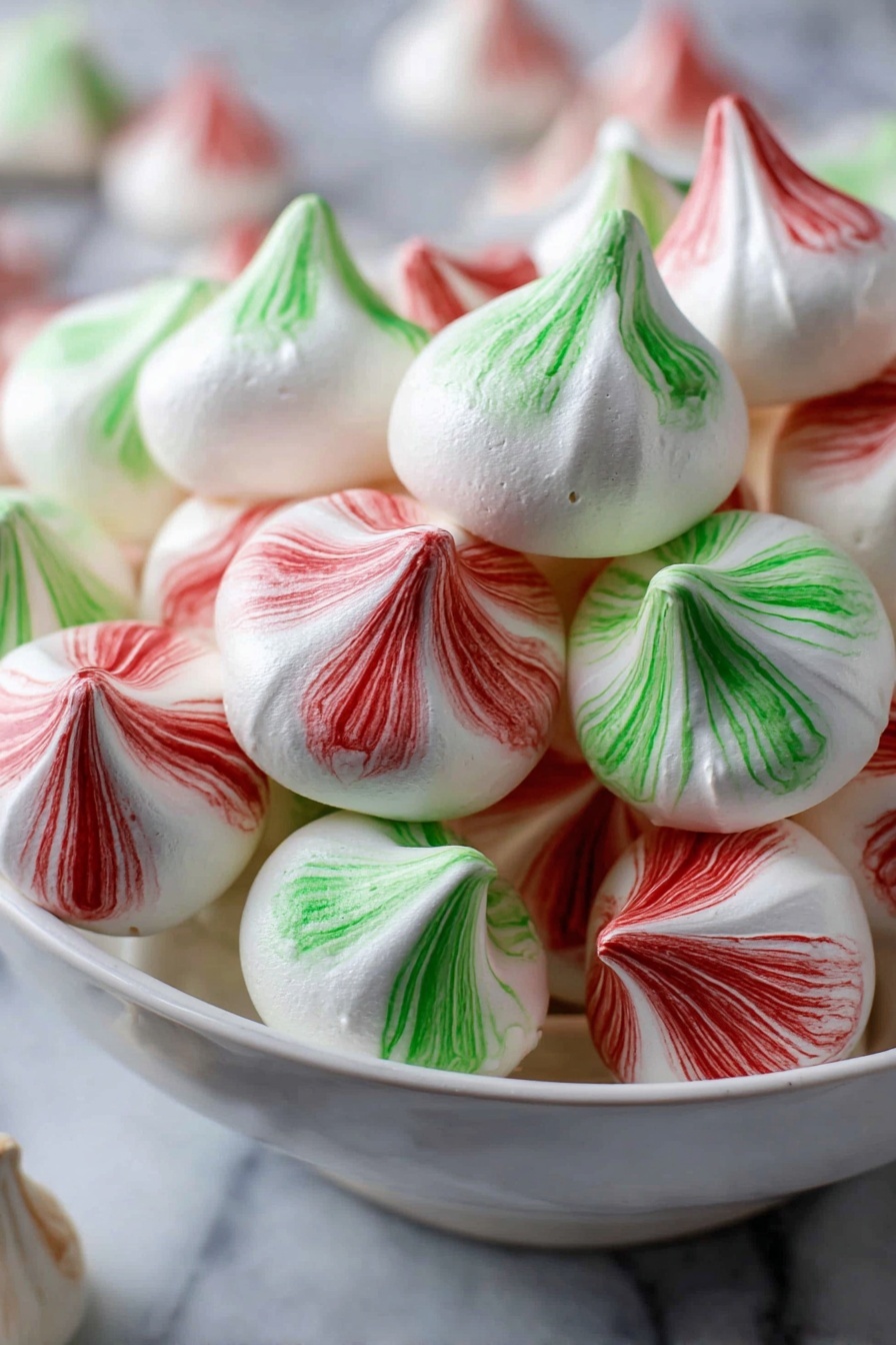 The image shows a white bowl filled with meringue cookies, each with a swirl of red or green color on a white base. The meringues are shaped like small peaks with smooth, slightly glossy surfaces and a light, airy texture. Some have bright green swirls running from the base to the tip, while others have red swirls that look like soft stripes. The bowl is placed on a white marbled surface, and the background is blurred, focusing on the crisp details of the meringues in the bowl. photo taken with an iphone --ar 2:3 --v 7