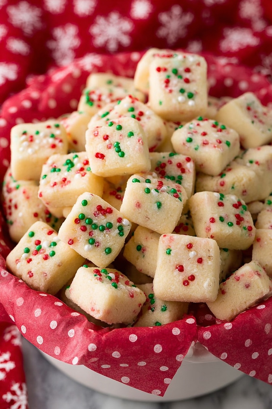 The image shows many small square cookies with light beige color, each topped with tiny red, green, and white round sprinkles evenly spread on the top surface. The cookies have a soft and slightly crumbly texture, piled in a white bowl lined with red tissue paper featuring large white polka dots. The bowl is placed on a white marbled surface. In the background, there is red fabric with white snowflakes and white polka dots, giving a festive feel. photo taken with an iphone --ar 2:3 --v 7
