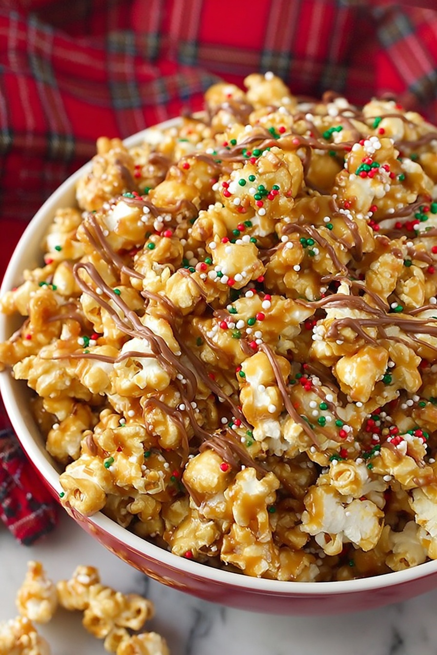 A large white bowl is filled with a festive mix of popcorn and chip pieces, all covered in a shiny caramel glaze that makes the snack look sticky and sweet. The popcorn is golden and white, topped with thin drizzles of milk chocolate in wavy lines. Tiny red, green, and white round sprinkles are scattered all over, adding bright, colorful dots. The bowl sits on a white marbled surface with a red plaid cloth slightly visible in the background, giving a warm holiday feel. Photo taken with an iphone --ar 2:3 --v 7
