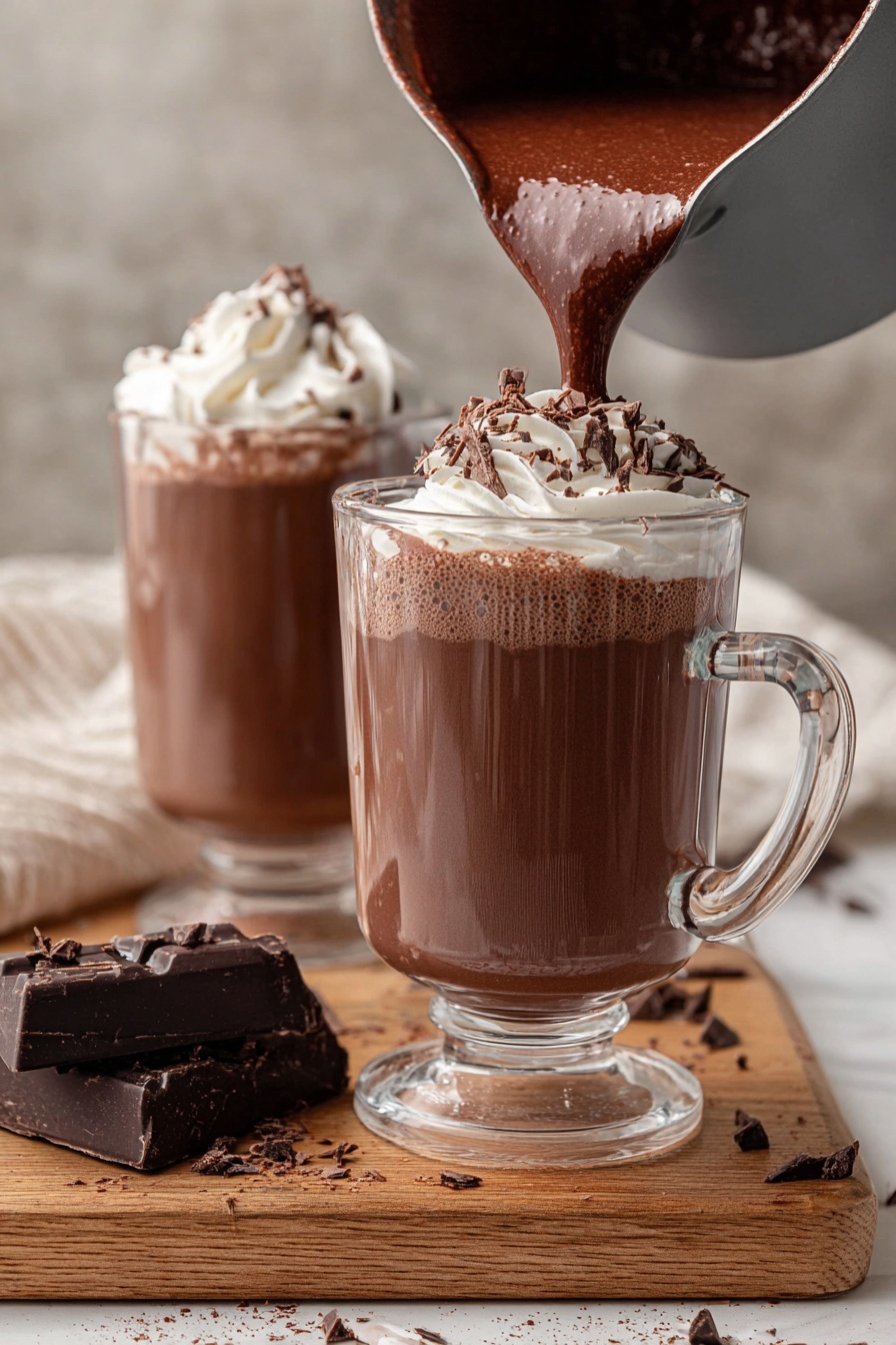 A clear glass mug stands on a wooden board with dark chocolate pieces scattered around it on a white marbled surface. The glass is filled halfway with thick, rich dark brown hot chocolate being poured from a gray pot with chocolate stains inside. In the background, another clear glass mug sits full of the same dark brown hot chocolate topped with a large swirl of white whipped cream and sprinkled with chocolate shavings. The texture of the hot chocolate looks smooth and creamy. Photo taken with an iphone --ar 2:3 --v 7