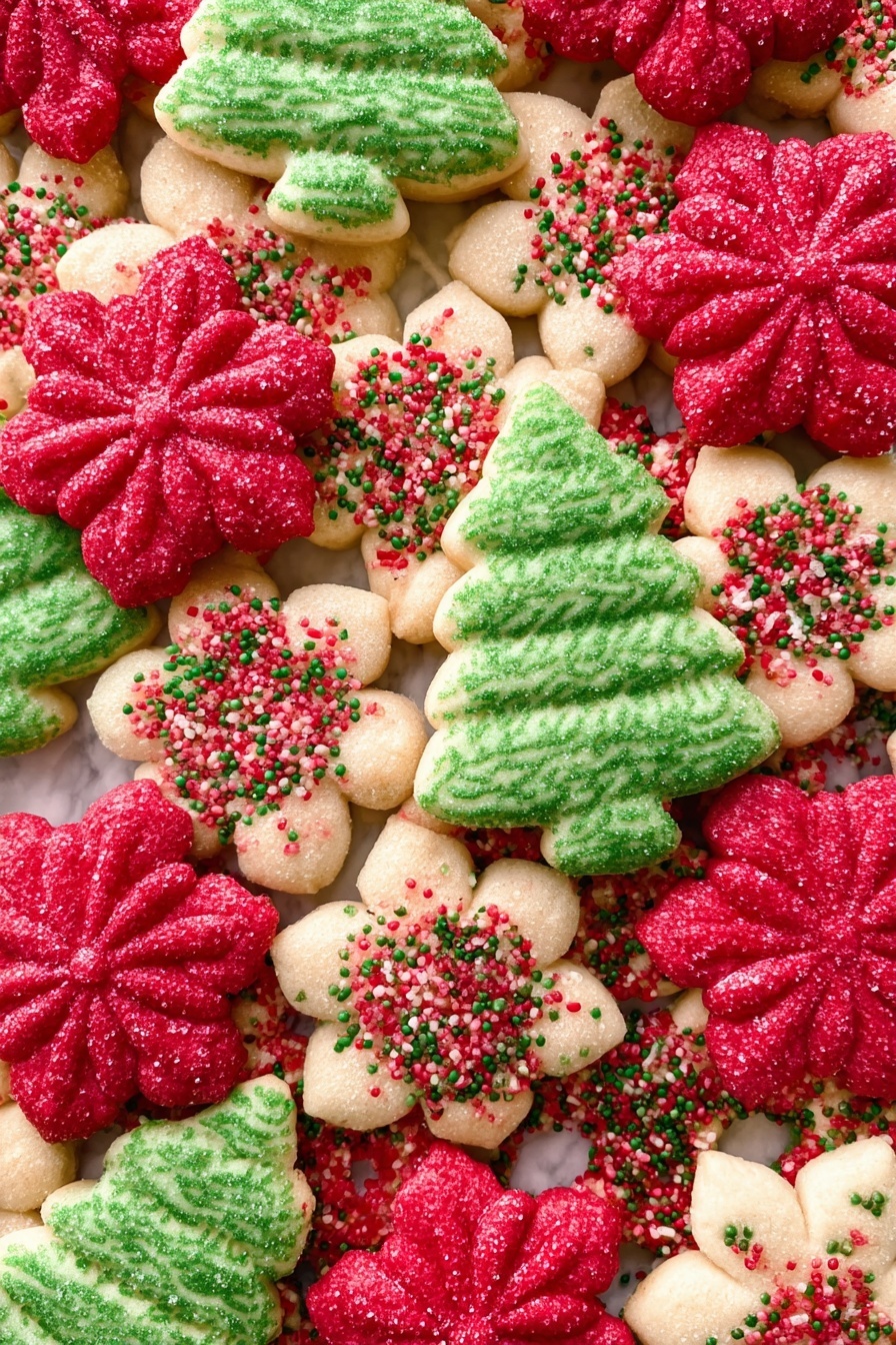 The image shows a white plate with three colorful Christmas cookies on top arranged closely together. The front cookie is shaped like a green Christmas tree, with layers forming the branches and sprinkled with green sugar. Behind it to the left is a cream-colored snowflake cookie sprinkled with red sugar, and to the right is a bright red star-shaped cookie also sprinkled with red sugar. The plate sits on a white marble surface, and in the background there is a glass of milk and an out-of-focus cooling rack with more cookies. The cookies have a soft, slightly textured surface with piped details. Photo taken with an iphone --ar 2:3 --v 7