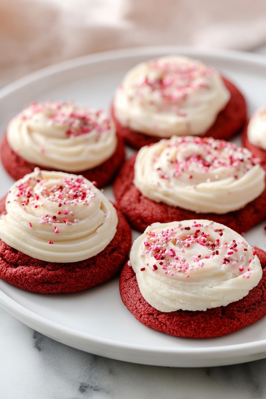 The image shows a white plate with seven red cookies, each with one layer of white cream frosting swirled on top. The frosting has small red and pink sugar sprinkles scattered over it. The red cookies have a soft, slightly cracked texture and the frosting looks smooth and creamy. The plate sits on a white marbled surface that is softly out of focus, giving the picture a fresh and clean look. Photo taken with an iphone --ar 2:3 --v 7