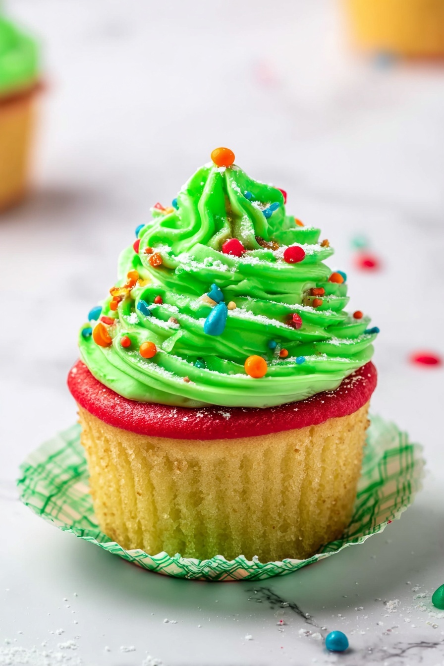 The image shows a single cupcake placed on a white marbled surface. The cupcake has a golden-yellow base with a slightly textured surface, and it sits inside a green and white checkered paper liner that is partially peeled down. On top of the cupcake, there is a smooth, thick red ring layer of icing close to the base of the frosting. Above that, a tall swirl of bright green frosting is piped in thick strands, forming a rounded peak. The green frosting is decorated with small, round, colorful confetti sprinkles in red, orange, green, and blue colors scattered evenly across it. Some powdered sugar is lightly dusted on the frosting and cupcake, adding a soft white touch. The background is minimal and softly blurred with a few more scattered colorful confetti sprinkles. Photo taken with an iphone --ar 2:3 --v 7