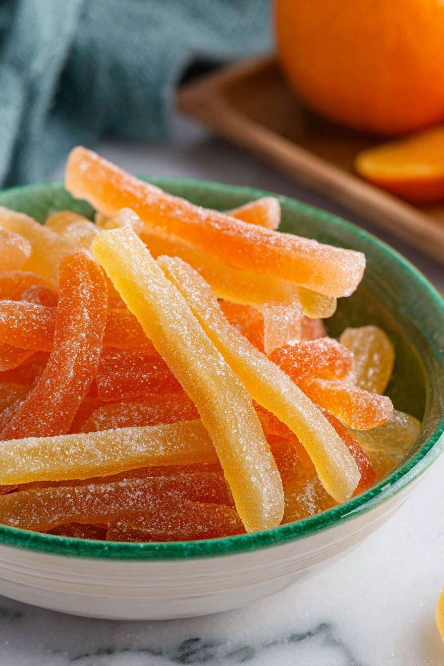 The image shows a white bowl with a green rim filled with orange and pale yellow candied fruit strips. The strips are frosted with sugar, giving them a slightly rough texture that sparkles in the light. The bowl is placed on a white marbled surface, and in the background, there is a blurred cloth and a wooden tray with an orange fruit. The focus is close, capturing the vibrant colors and sugary coating of the fruit strips, making them look fresh and sweet. photo taken with an iphone --ar 2:3 --v 7