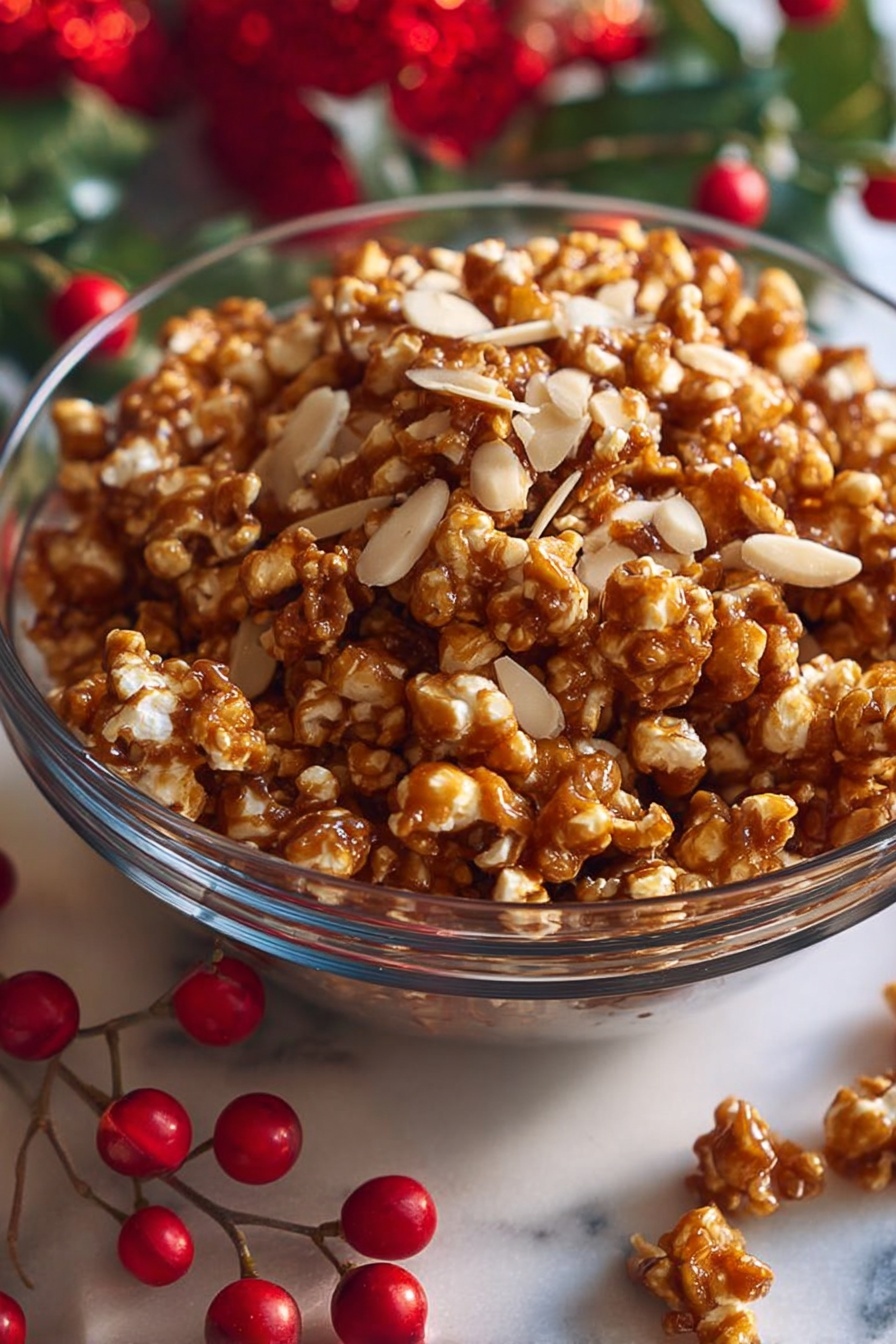 A clear glass bowl filled with caramel popcorn mixed with light beige slivered almonds scattered on top. The popcorn is shiny and dark caramel colored with a slightly rough texture. The bowl sits on a white marbled surface, with red berries and green leaves softly visible in the background. Photo taken with an iphone --ar 2:3 --v 7