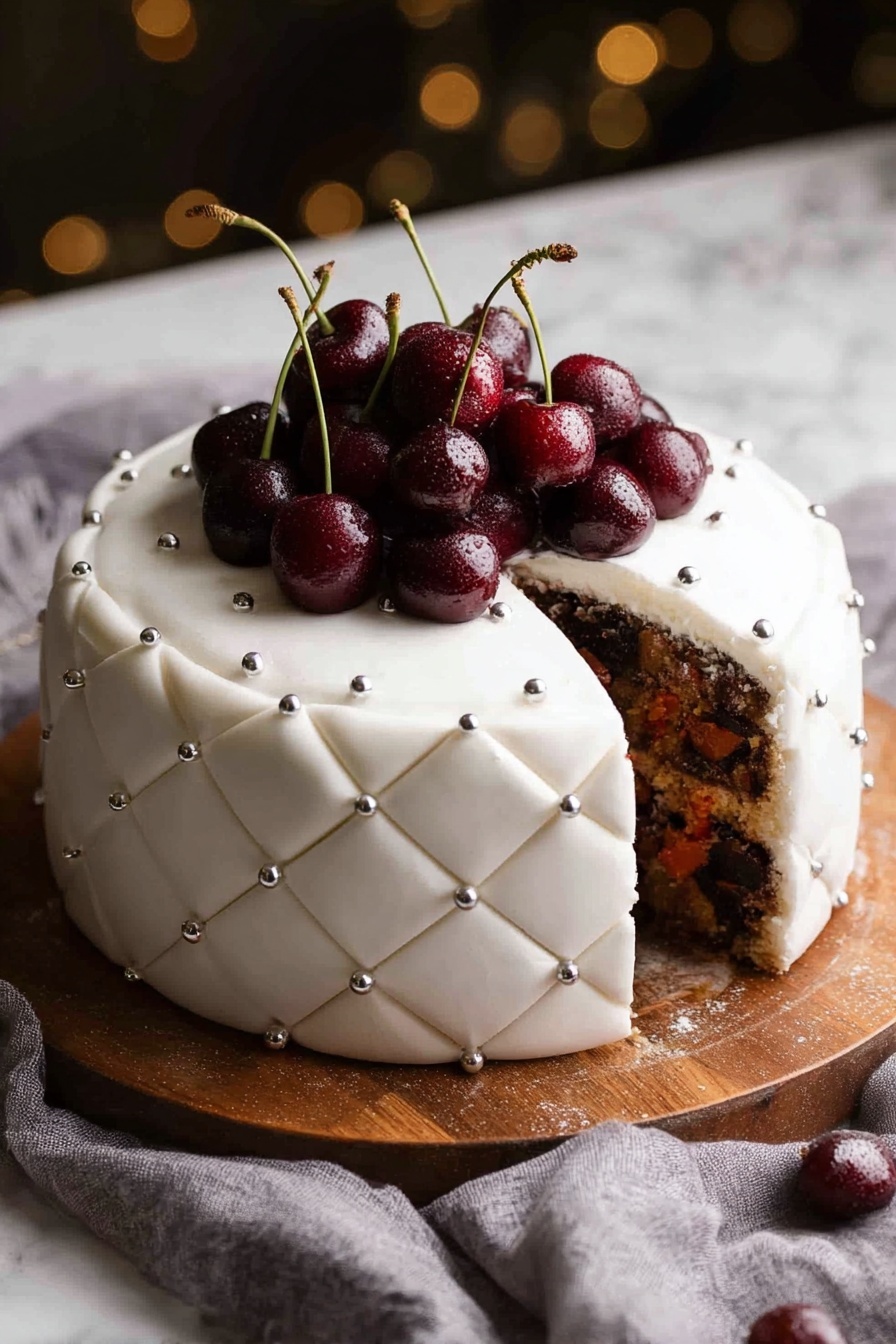 A round cake with two layers is shown, covered in white fondant decorated in a quilted pattern with small silver balls where the lines meet. The top layer is smooth white fondant with a group of dark red cherries piled in the center, each with green stems. One large slice is taken out, revealing a dense dark brown inner cake filled with small bits of orange and brown. The cake is on a round wooden board placed on a soft gray fabric over a white marbled surface. Photo taken with an iphone --ar 2:3 --v 7