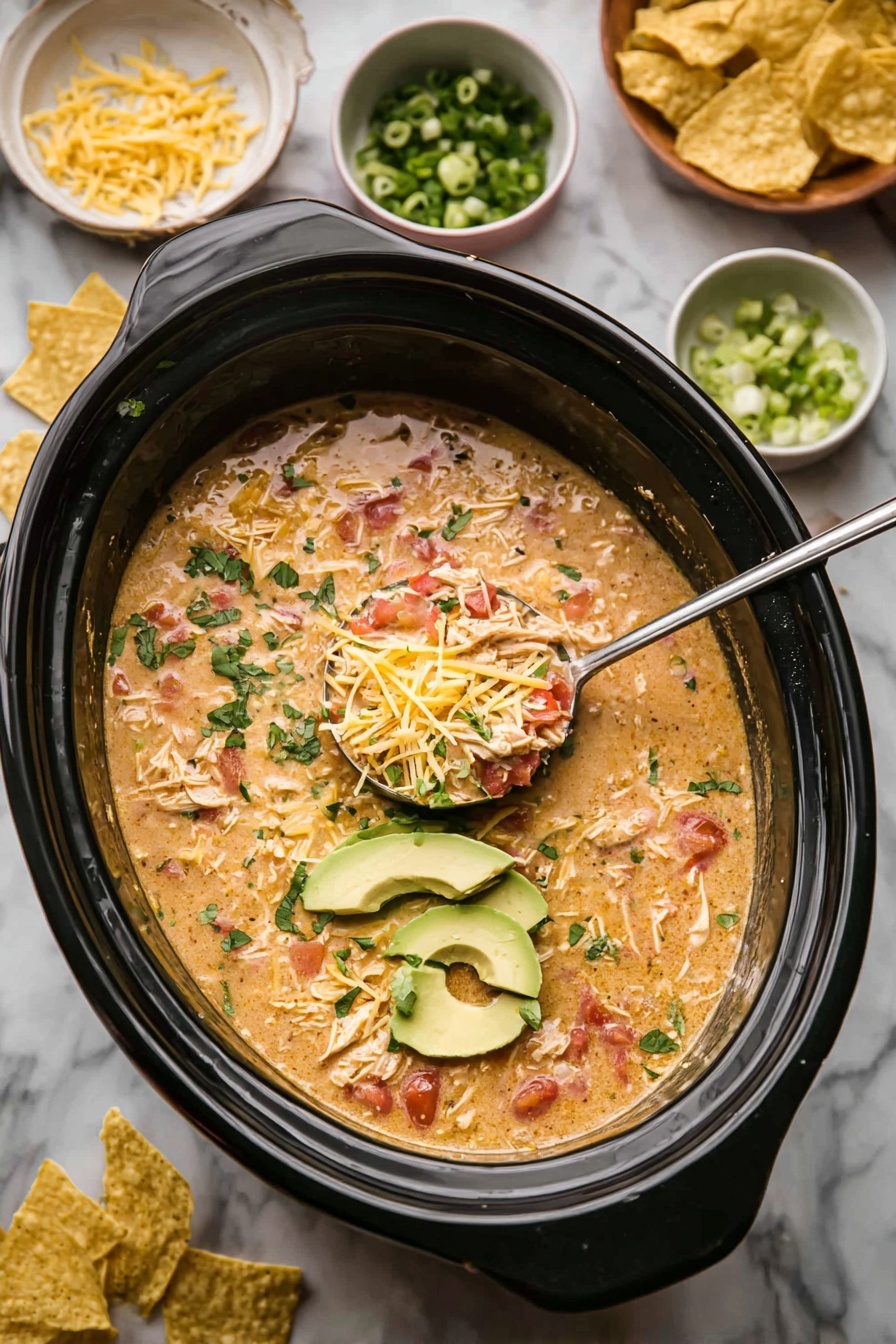 A black slow cooker filled with creamy, light brown soup with visible small chunks of chicken and tomatoes. The soup is topped with light yellow shredded cheese, green chopped herbs, slices of light green avocado, and broken yellow tortilla chips. A metal ladle scoops out some of the soup, showing the thick, mixed texture. Around the cooker are white small bowls with chopped green onions, herbs, and shredded cheese, as well as some whole and broken tortilla chips scattered on a white marbled surface. Photo taken with an iphone --ar 2:3 --v 7