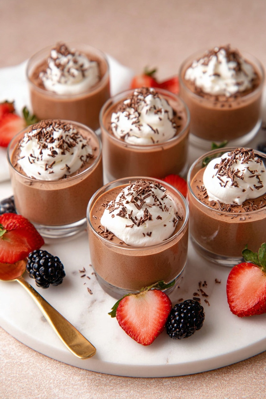 Six small clear glass cups are filled with a smooth, light brown chocolate mousse. Each cup has a dollop of white whipped cream on top, sprinkled with small dark chocolate shavings. The cups are placed on a round white plate with a white marbled texture underneath. Around the cups on the plate, there are halved bright red strawberries and dark blackberries scattered for decoration. A gold spoon with a blackberry on it rests on the plate. The whole scene is softly lit, showing a cozy and inviting dessert setup. photo taken with an iphone --ar 2:3 --v 7
