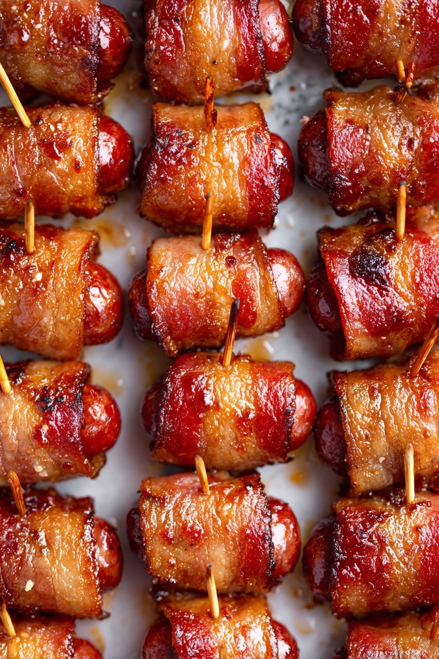 The image shows many small bites of sausages wrapped in crispy bacon, arranged neatly in rows on a white marbled surface. Each piece has a deep reddish-brown color from the cooked sausage and a golden-brown crispy texture from the bacon, with some parts showing a slight charring. Each bite is held together with a light brown wooden toothpick pushed through horizontally. The bacon looks caramelized and shiny, with a slightly crunchy crust on top, and the sausages peek out from each end with a smooth, glistening surface. The bites sit close together, fitting tightly in a rectangular arrangement, and the whole scene is brightly lit, showing the moisture and texture clearly. Photo taken with an iphone --ar 2:3 --v 7