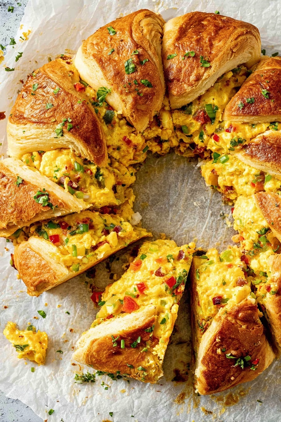 A round breakfast ring sliced into eight pieces sits on parchment paper with a white marbled texture underneath. The ring has two main layers; the base is a golden-brown baked dough, and on top, there is a thick, scrambled egg layer mixed with small green and red bell pepper chunks. The outer edges of each slice are folded over the egg layer, showing a slightly darker golden crust on top. Bits of green herbs are sprinkled over the whole ring, adding a fresh touch. The texture of the egg looks soft and fluffy, while the dough appears crispy and flaky. Photo taken with an iphone --ar 2:3 --v 7
