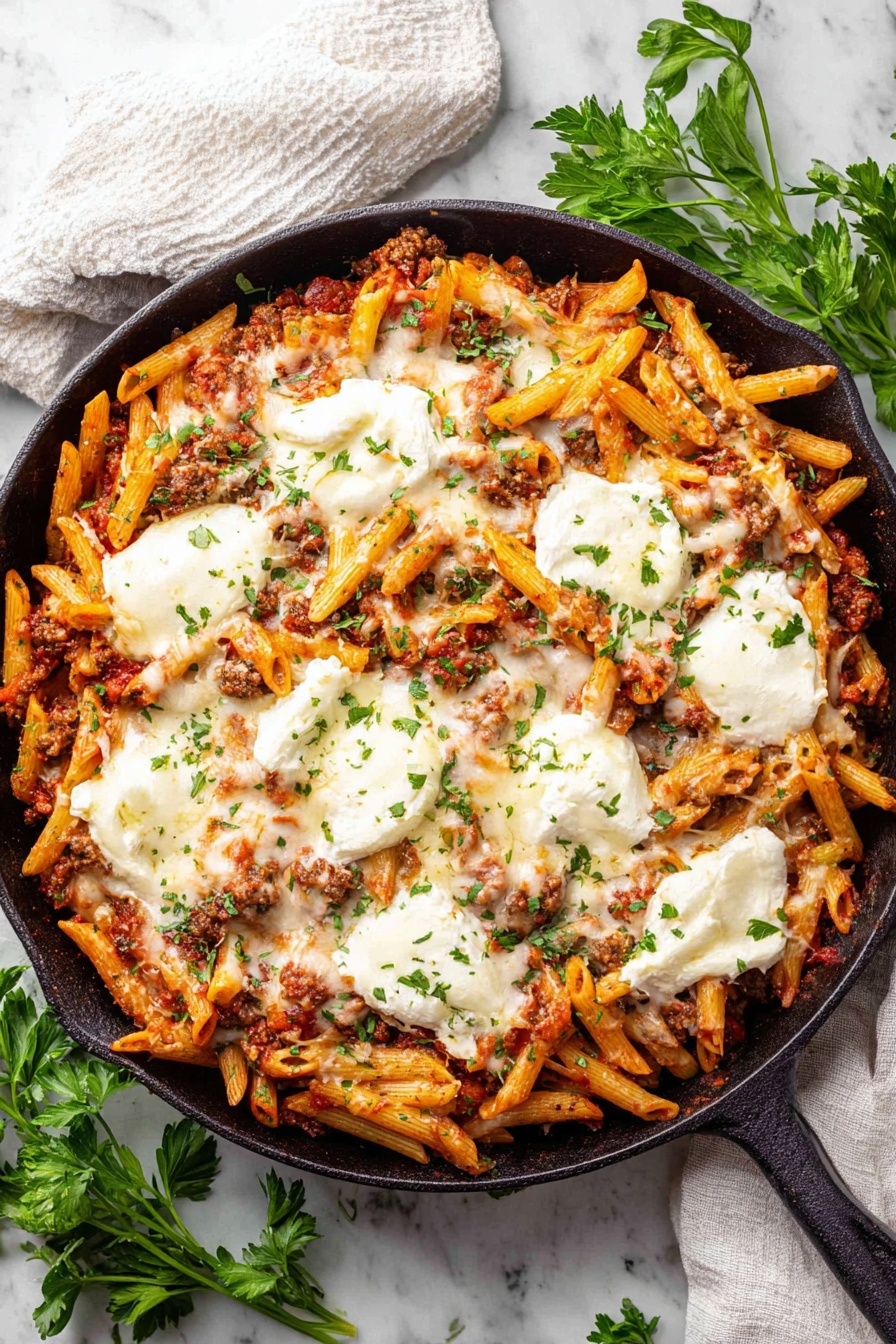 A round black skillet filled with baked pasta made of orange penne noodles mixed with a chunky red tomato sauce and browned ground meat. Large dollops of white ricotta cheese sit on top, partially melted and covered with melted golden-brown mozzarella cheese. Small green parsley leaves are sprinkled over the dish, adding fresh green color. The skillet is placed on a white marbled surface with some fresh green parsley sprigs around it and a white cloth nearby. photo taken with an iphone --ar 2:3 --v 7