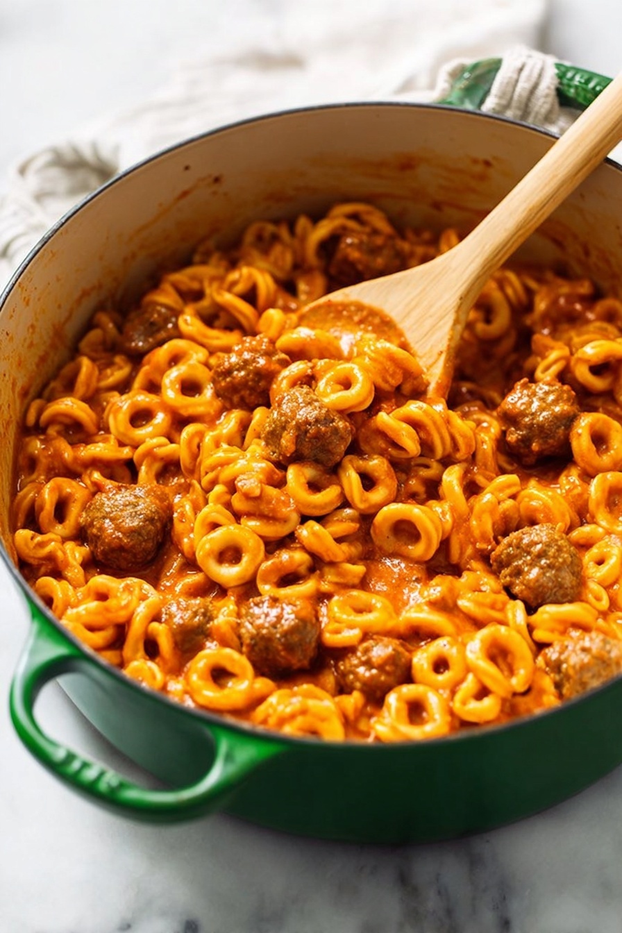 A large green pot filled with round pasta rings covered in thick orange-red sauce, mixed evenly with small brown meatballs scattered throughout. The sauce looks creamy and holds the pasta and meatballs together without being too watery. A wooden spoon sticks into the mixture, lifting some pasta and meatballs slightly off the base. The pot rests on a white marbled surface with a soft white cloth blurred in the background. Photo taken with an iphone --ar 2:3 --v 7
