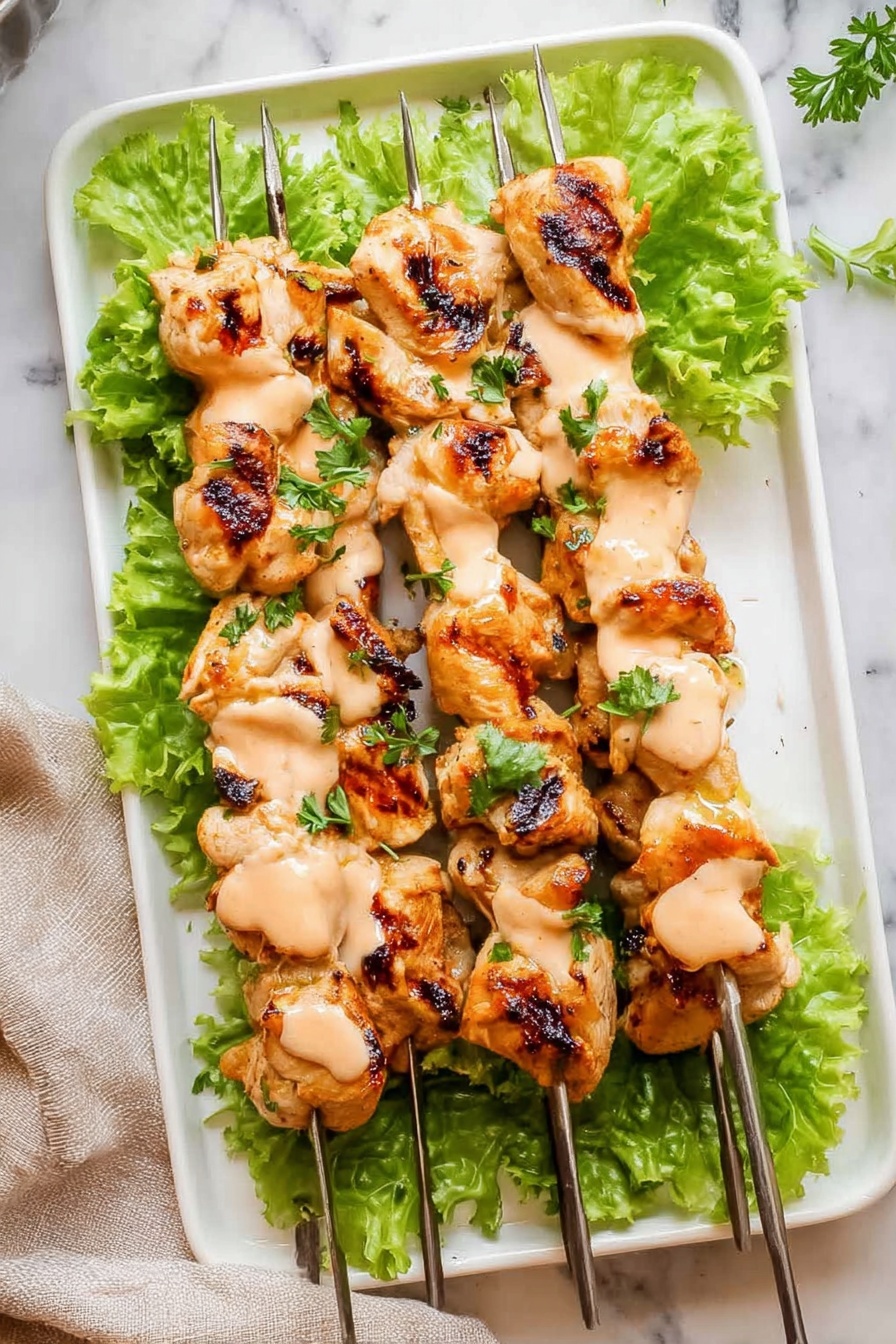 Five grilled chicken skewers are arranged side by side on a rectangular white plate lined with green lettuce leaves. Each skewer holds pieces of cooked chicken with light golden-brown grill marks and some darker charred spots. A light pinkish-orange sauce is drizzled unevenly across the chicken pieces, and small green parsley bits are sprinkled on top. The plate sits on a white marbled surface with a folded beige cloth napkin visible on the left edge. The photo taken with an iphone --ar 2:3 --v 7