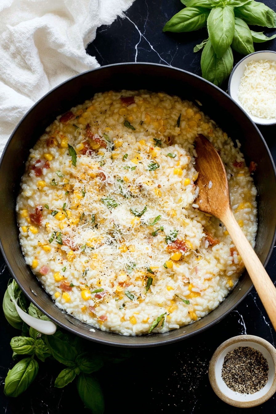 A black pot filled with creamy risotto, showing about four layers of texture: the soft white rice, mixed with small yellow corn kernels, small orange carrot pieces, and bits of green herbs spread evenly. The risotto is sprinkled with a light layer of grated cheese and some black pepper on top. A long, light wooden spoon is resting inside the pot, partially covered in the risotto. Around the pot, there are fresh green basil leaves, a small white bowl of grated cheese, a bowl of black pepper, and a white and black striped cloth, all set on a white marbled surface. Photo taken with an iphone --ar 2:3 --v 7