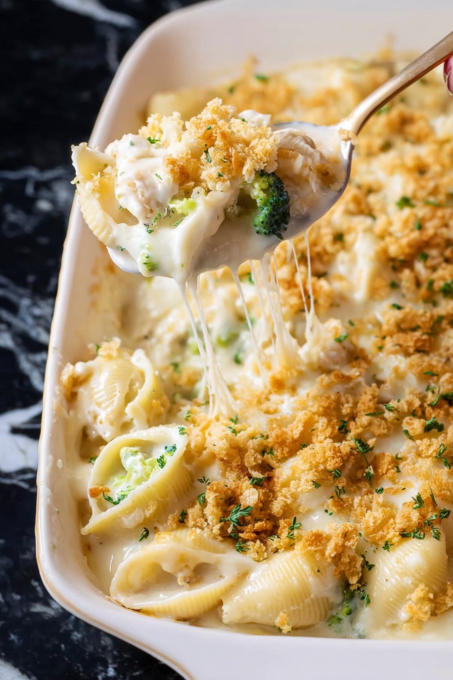 The image shows a close-up of a creamy pasta bake in a white dish. The pasta is covered with a thick, smooth white cheese sauce with bits of green broccoli peeking through. On top, there is a crumbly, golden cracker or breadcrumb topping sprinkled all over, mixed with small green herbs. A woman's hand is lifting a spoonful of the pasta, stretching melted white cheese strings, making the dish look rich and cheesy. The background has a white marbled texture with a soft striped cloth visible on the side. Photo taken with an iphone --ar 2:3 --v 7