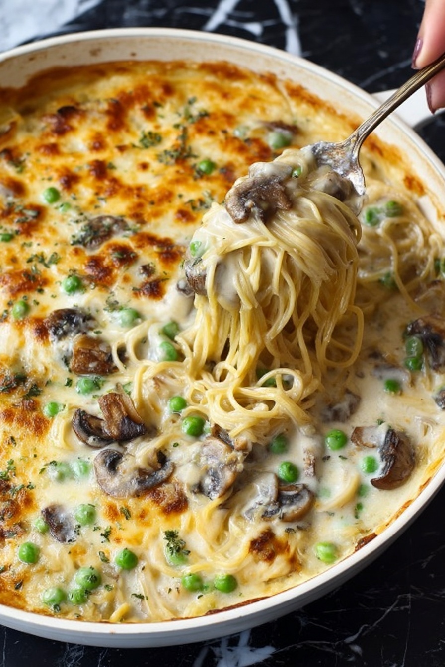 A close-up of a creamy pasta dish in a white pan, showing three main layers: the top layer is golden melted cheese with bubbly browned spots, beneath this is a thick white sauce with scattered green peas, and at the bottom, long noodles mixed with chunks of dark brown mushrooms and more green peas. A woman's hand holding a serving utensil lifts some noodles and sauce from the pan, revealing the creamy texture and mix of ingredients flowing together. The white pan is set against a white marbled surface with a glimpse of a blue and white striped cloth nearby. photo taken with an iphone --ar 2:3 --v 7