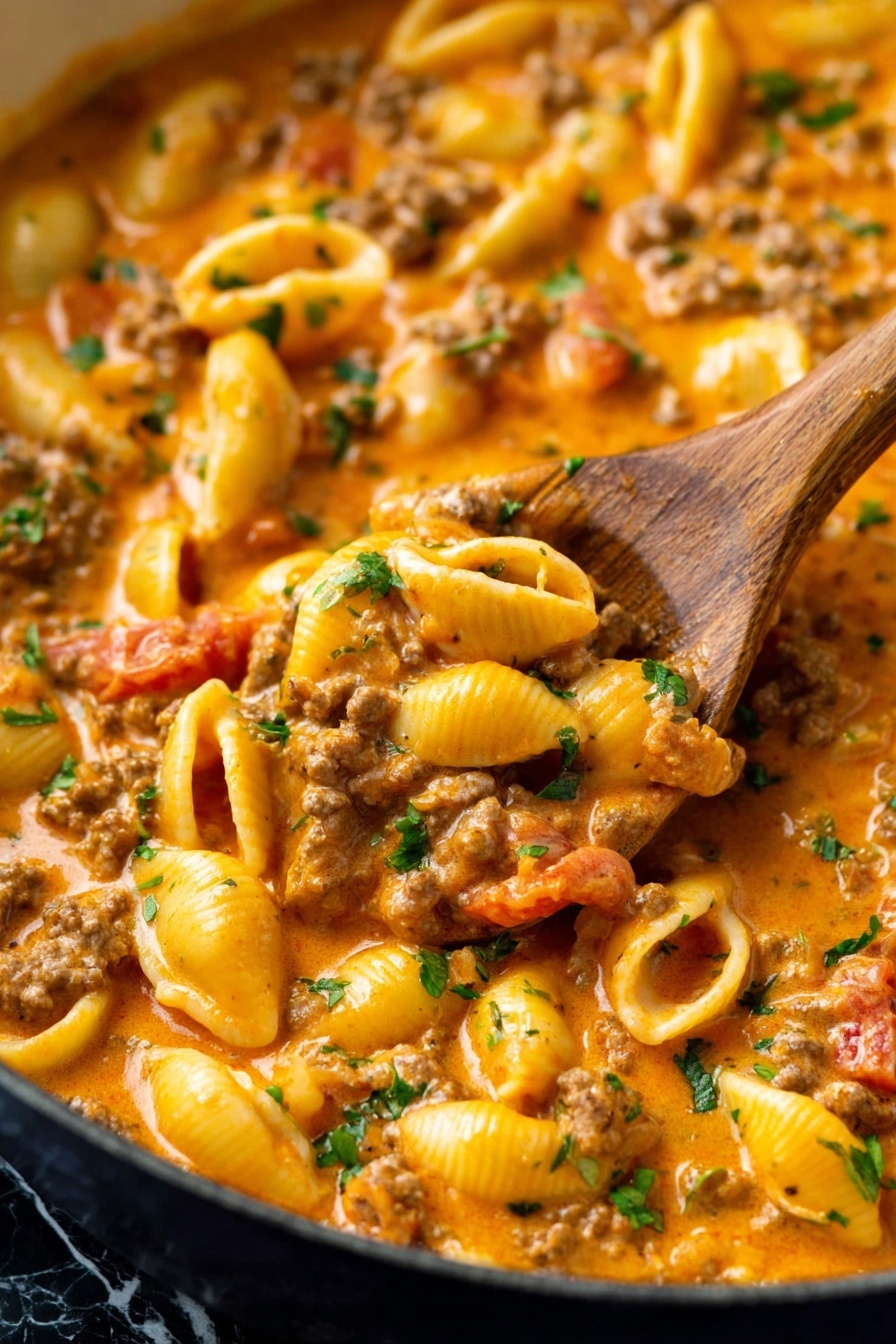 The image shows a close-up of a creamy pasta dish with three main layers: shell-shaped pasta in a light yellow color, small browned ground meat pieces, and diced red tomatoes all mixed into a warm orange creamy sauce. The dish is served in a pot or pan, with the sauce coating every piece, creating a thick, smooth texture. Green chopped herbs are sprinkled on top for color contrast. A wooden spoon is scooping up some of the pasta, showing a mix of all the ingredients together. The background is a white marbled texture. Photo taken with an iphone --ar 2:3 --v 7