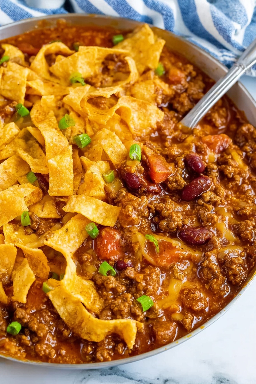 The dish is served in a white bowl filled mostly with a thick chili made of brown cooked ground meat, dark red beans, and small pieces of red tomatoes in an orange-brown sauce. The chili is topped with light yellow, crispy, curved tortilla chips scattered all over the surface, creating a rough, crunchy layer above the chili. Small pieces of chopped green onions are sprinkled on top, adding spots of green color. A metal spoon with a brown wooden handle is partially dipped into the chili, resting near the center of the bowl. The bowl sits on a white marbled surface with a blue and white striped cloth partially visible at the edge. Photo taken with an iphone --ar 2:3 --v 7