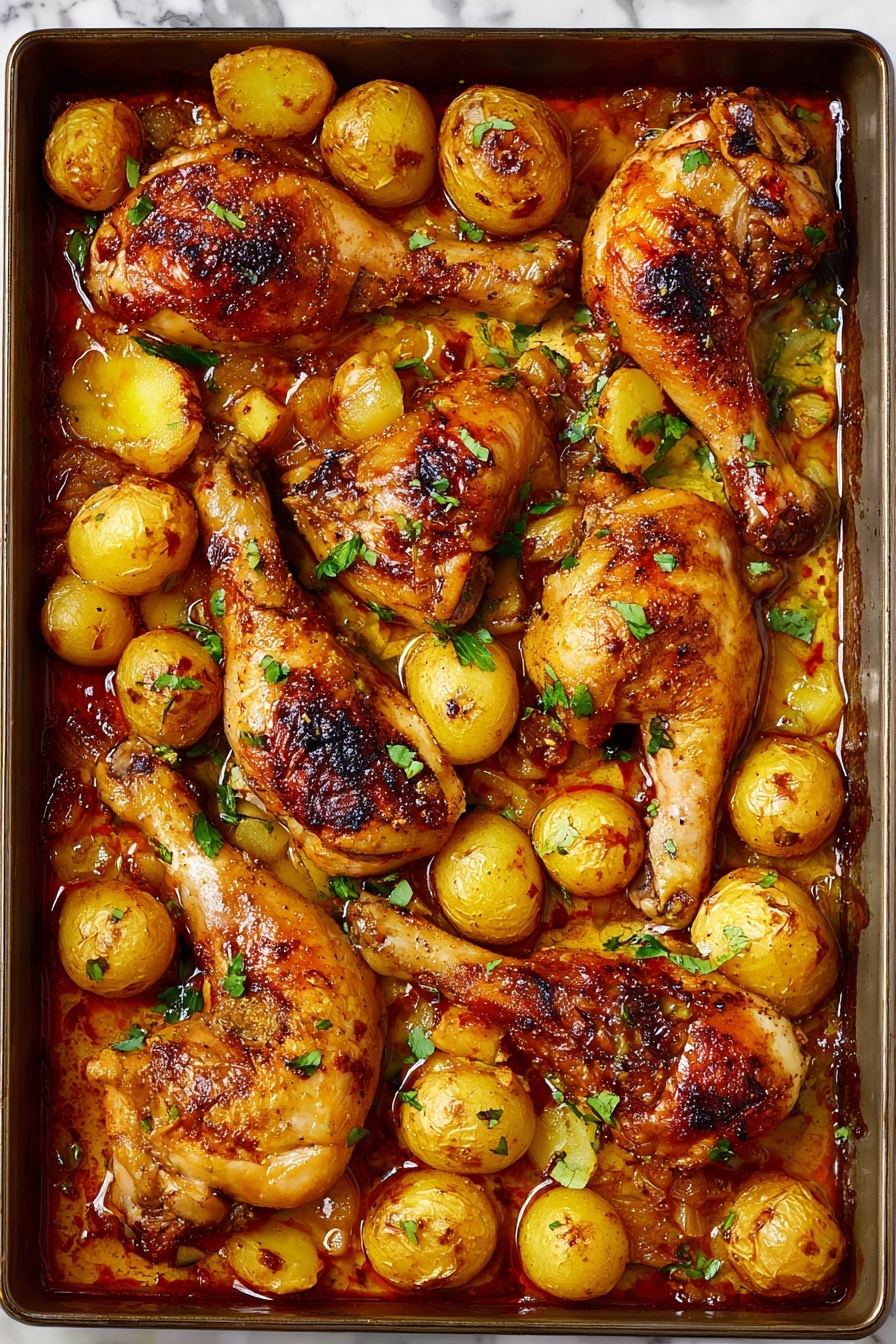 A baking tray filled with golden roasted chicken pieces and baby potatoes. There are seven chicken pieces, showing a mix of drumsticks and thighs, with crispy browned skin and some charred spots. The potatoes are cut into halves or quarters, golden and roasted with slightly charred edges, scattered evenly around the chicken. Fresh green herbs are sprinkled over the whole dish, adding a touch of color. The tray has a glossy layer of cooking juices with hints of red oil pooling between the chicken and potatoes. The surface beneath the tray shows a white marbled texture. photo taken with an iphone --ar 2:3 --v 7