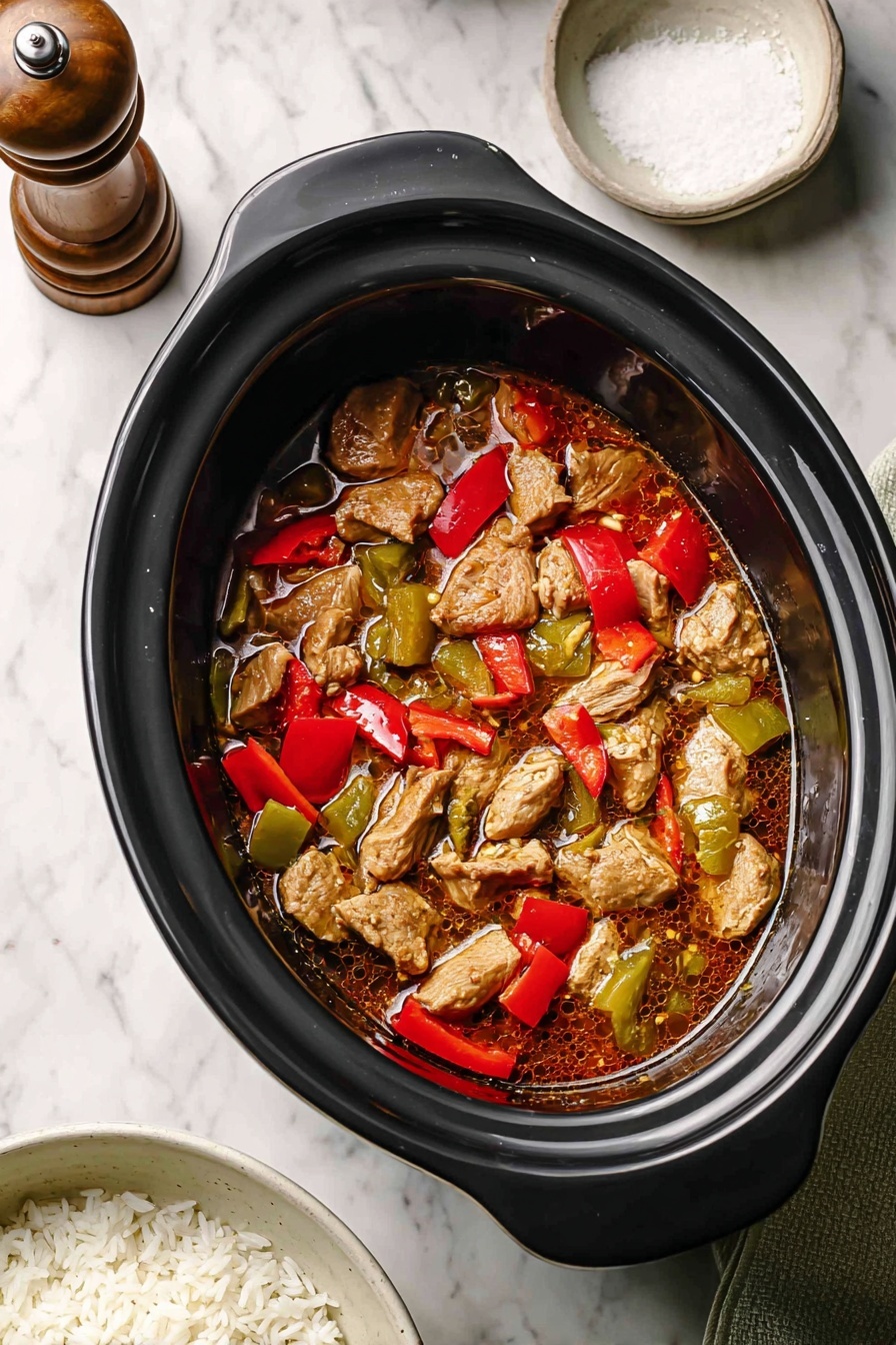 A black slow cooker filled with a stew made of light brown meat chunks mixed with bright red bell pepper pieces and greenish-yellow vegetables, all sitting in a thin brown sauce. The slow cooker is on a white marbled surface, next to a wooden pepper grinder and a small white bowl with salt. A white plate with cooked white rice is partially visible on the bottom left side of the image. The photo has a clear, natural light and soft shadows. photo taken with an iphone --ar 2:3 --v 7