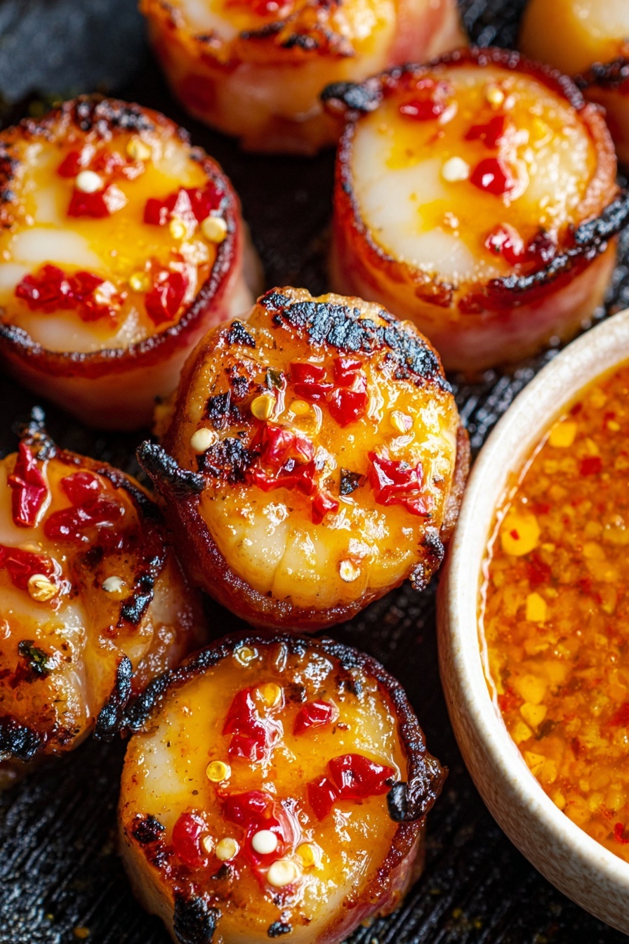 The image shows several round, golden scallops wrapped in crispy bacon, each topped with a shiny layer of bright red and yellow chili sauce with small pepper pieces. The scallops are placed closely together on a dark textured grill or pan surface, showing some char marks and grilled details on the bacon edges. To the right side, part of a white bowl filled with a textured orange-red sauce is visible. The colors are very warm and vibrant, and the grilled textures stand out clearly. photo taken with an iphone --ar 2:3 --v 7