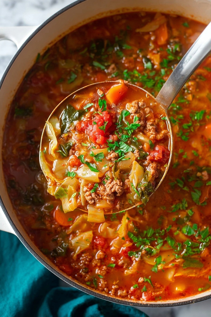 The image shows a close-up of a ladle filled with a thick stew inside a white pot. The stew has a red-orange broth and contains visible pieces of ground meat, chopped cabbage leaves, orange carrot slices, and diced red tomatoes. Fresh green chopped herbs are sprinkled on top, adding bright green spots throughout the stew. The ladle is lifting a generous scoop, showing layered textures of meat, vegetables, and broth. The cooking pot sits on a white marbled surface with a teal cloth partially visible. The photo is taken with an iphone --ar 2:3 --v 7